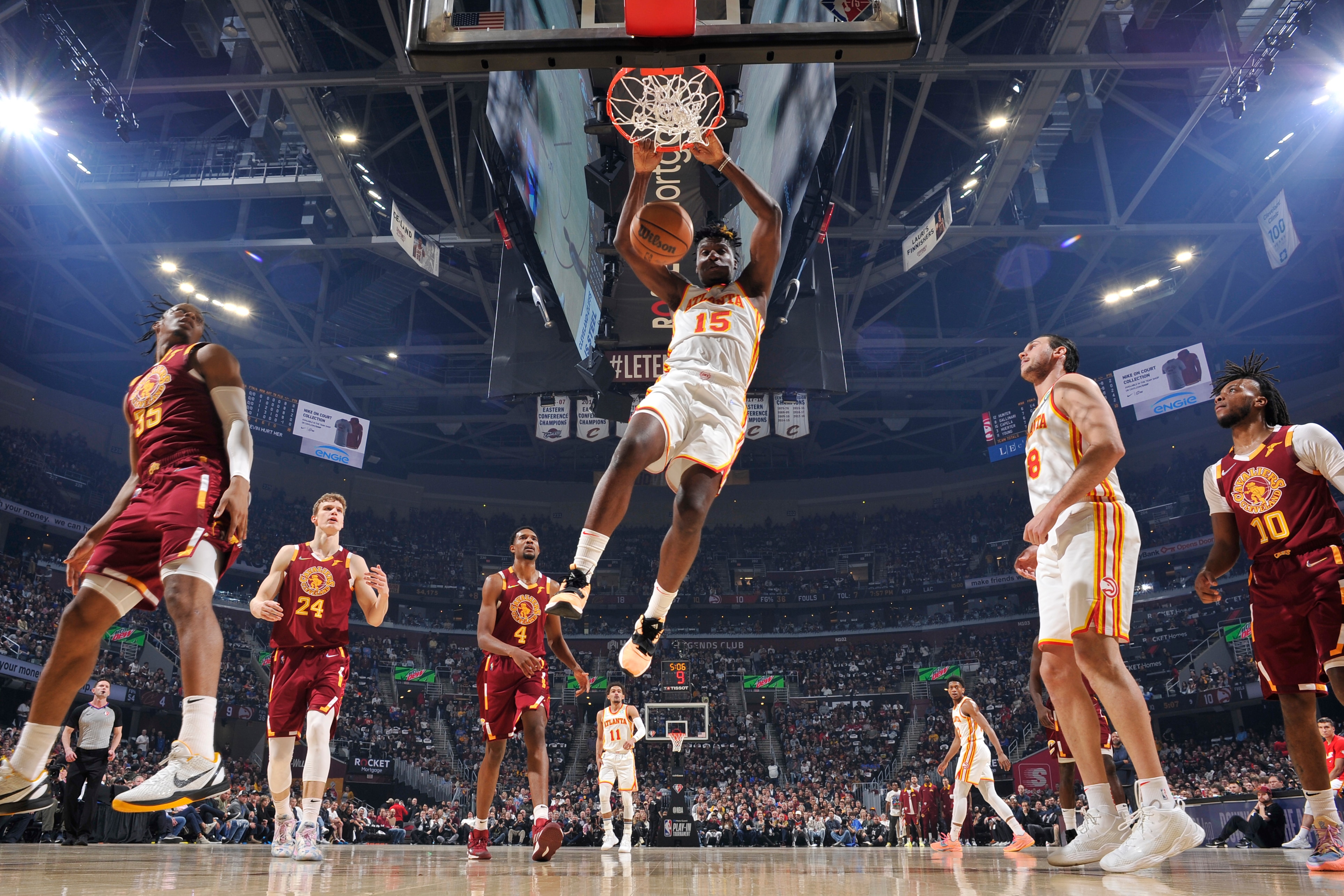 CLEVELAND, OH - APRIL 15: Clint Capela #15 of the Atlanta Hawks dunks the ball against the Cleveland Cavaliers during the 2022 Play-In Tournament on April 15, 2022 at Rocket Mortgage FieldHouse in Cleveland, Ohio. NOTE TO USER: User expressly acknowledges and agrees that, by downloading and/or using this Photograph, user is consenting to the terms and conditions of the Getty Images License Agreement. Mandatory Copyright Notice: Copyright 2022 NBAE (Photo by David Liam Kyle/NBAE via Getty Images)