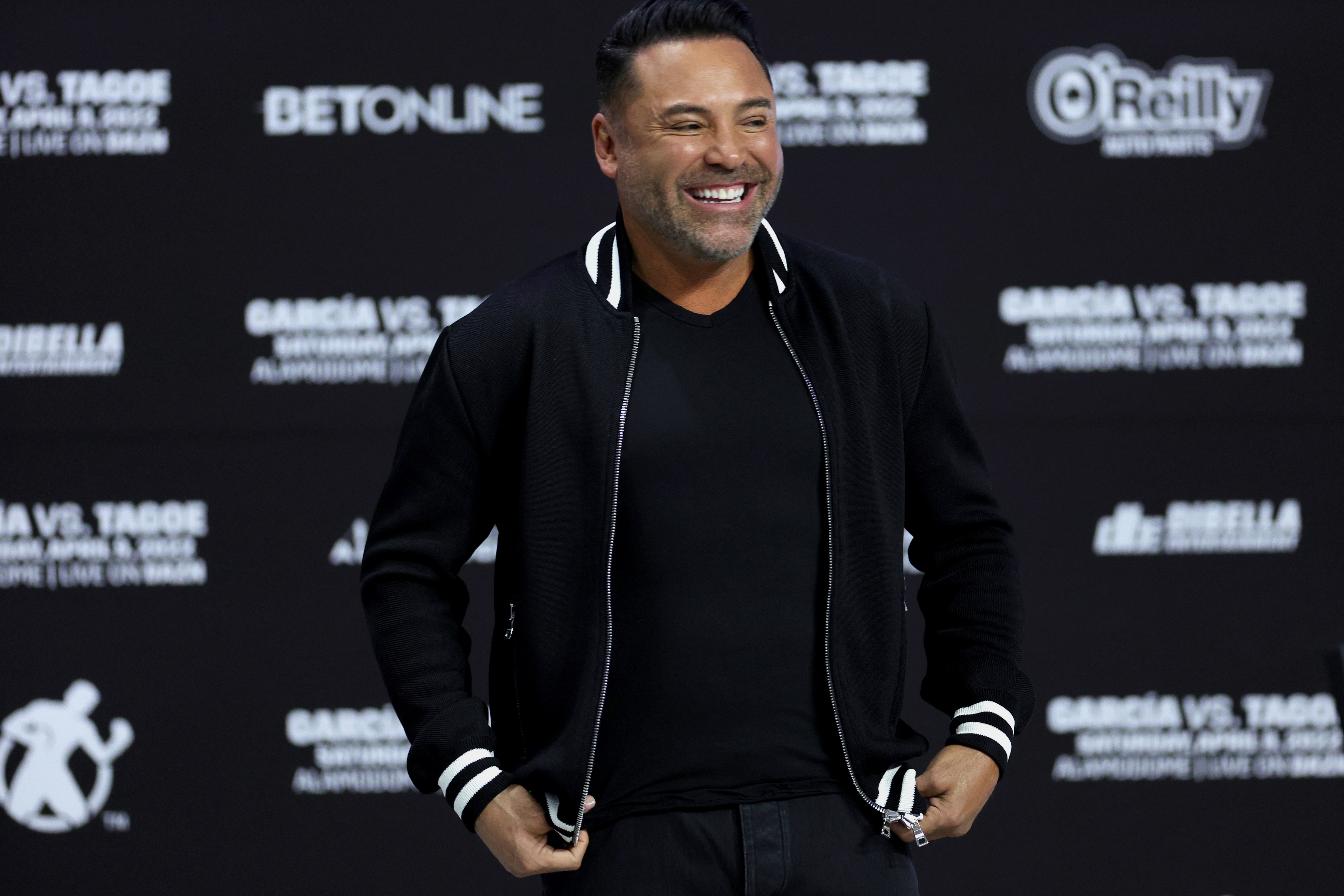 SAN ANTONIO, TEXAS - APRIL 08: Oscar De La Hoya is seen onstage during official his weigh-in's at the Alamodome on April 08, 2022 in San Antonio, Texas. (Photo by Carmen Mandato/Getty Images)