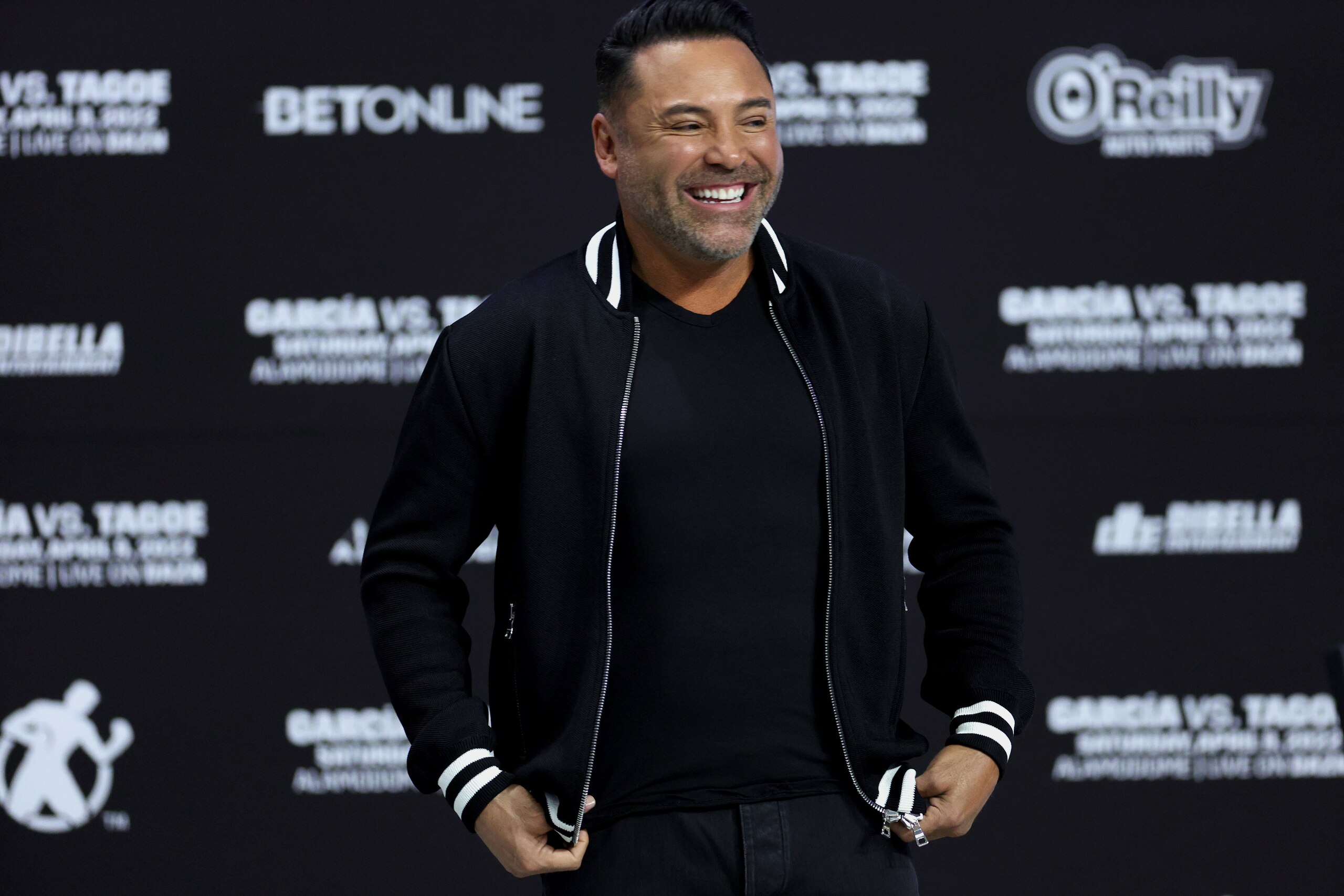 SAN ANTONIO, TEXAS - APRIL 08: Oscar De La Hoya is seen onstage during official his weigh-in's at the Alamodome on April 08, 2022 in San Antonio, Texas. (Photo by Carmen Mandato/Getty Images)