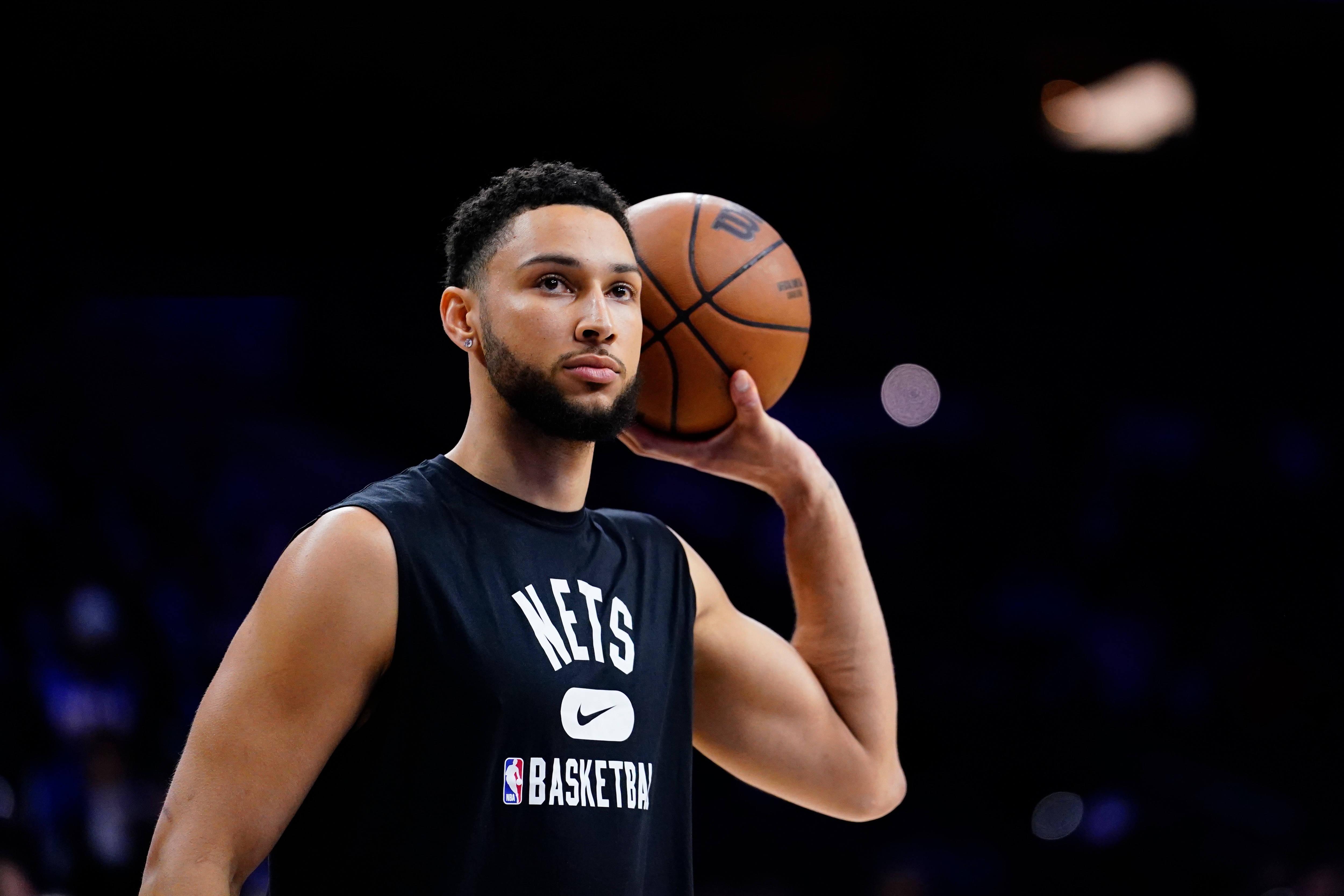 Brooklyn Nets' Ben Simmons watches practice before an NBA basketball game, Thursday, March 10, 2022, in Philadelphia. (AP Photo/Matt Slocum)