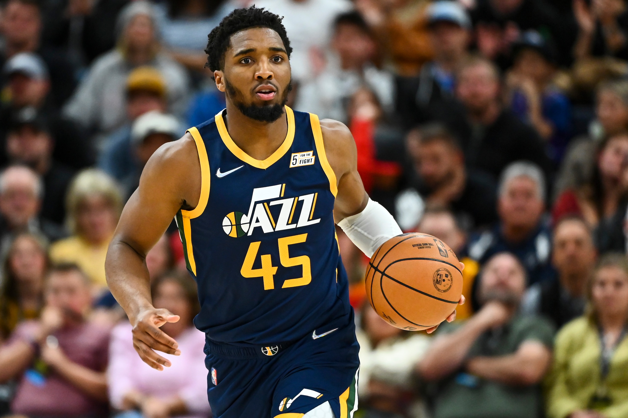 SALT LAKE CITY, UTAH - APRIL 05: Donovan Mitchell #45 of the Utah Jazz in action during the second half of a game against the Memphis Grizzlies at Vivint Smart Home Arena on April 05, 2022 in Salt Lake City, Utah. NOTE TO USER: User expressly acknowledges and agrees that, by downloading and or using this photograph, User is consenting to the terms and conditions of the Getty Images License Agreement. (Photo by Alex Goodlett/Getty Images)
