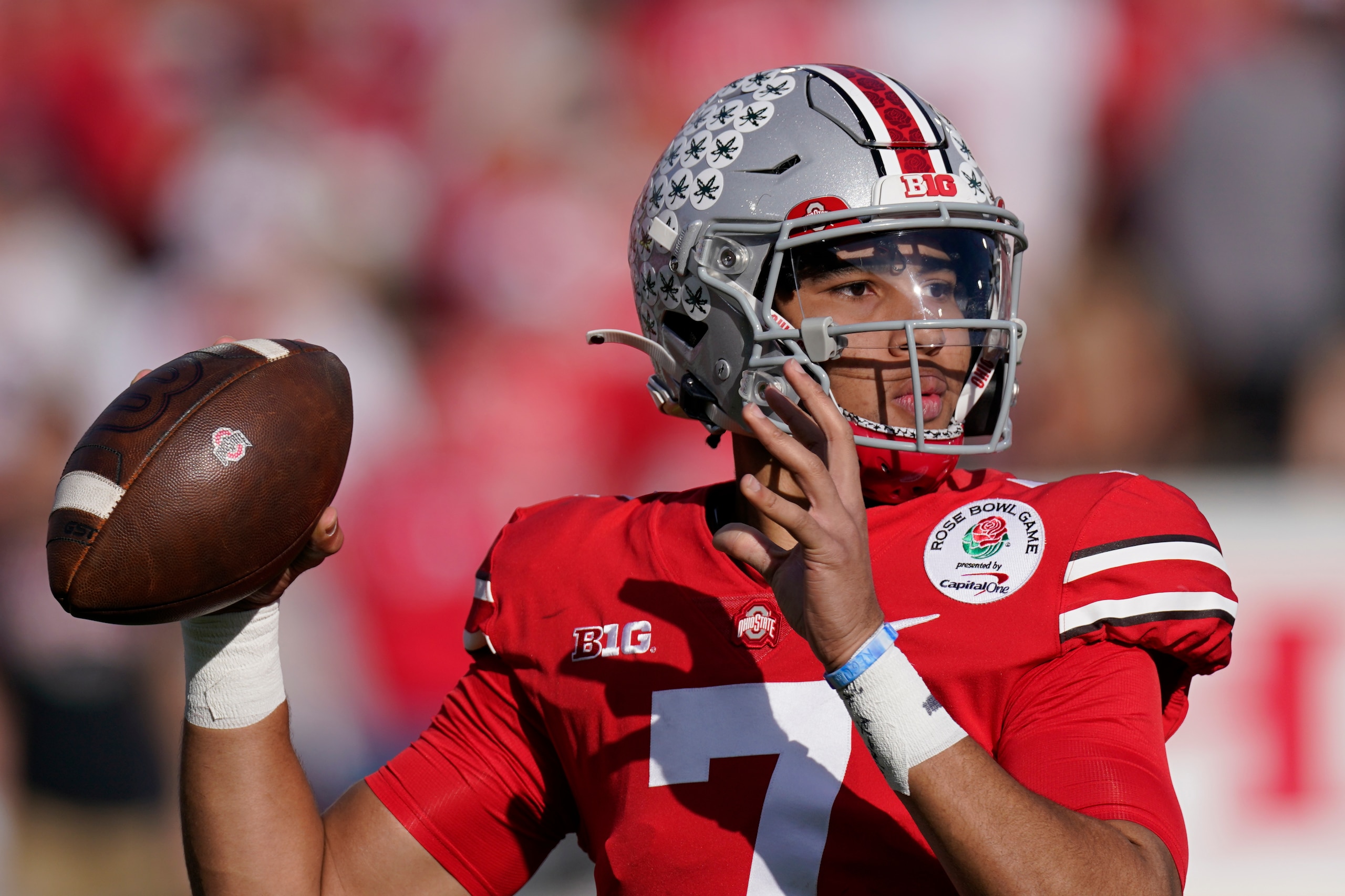 Ohio State quarterback C.J. Stroud throws during the first half in the Rose Bowl NCAA college football game against Utah Saturday, Jan. 1, 2022, in Pasadena, Calif. (AP Photo/Mark J. Terrill)