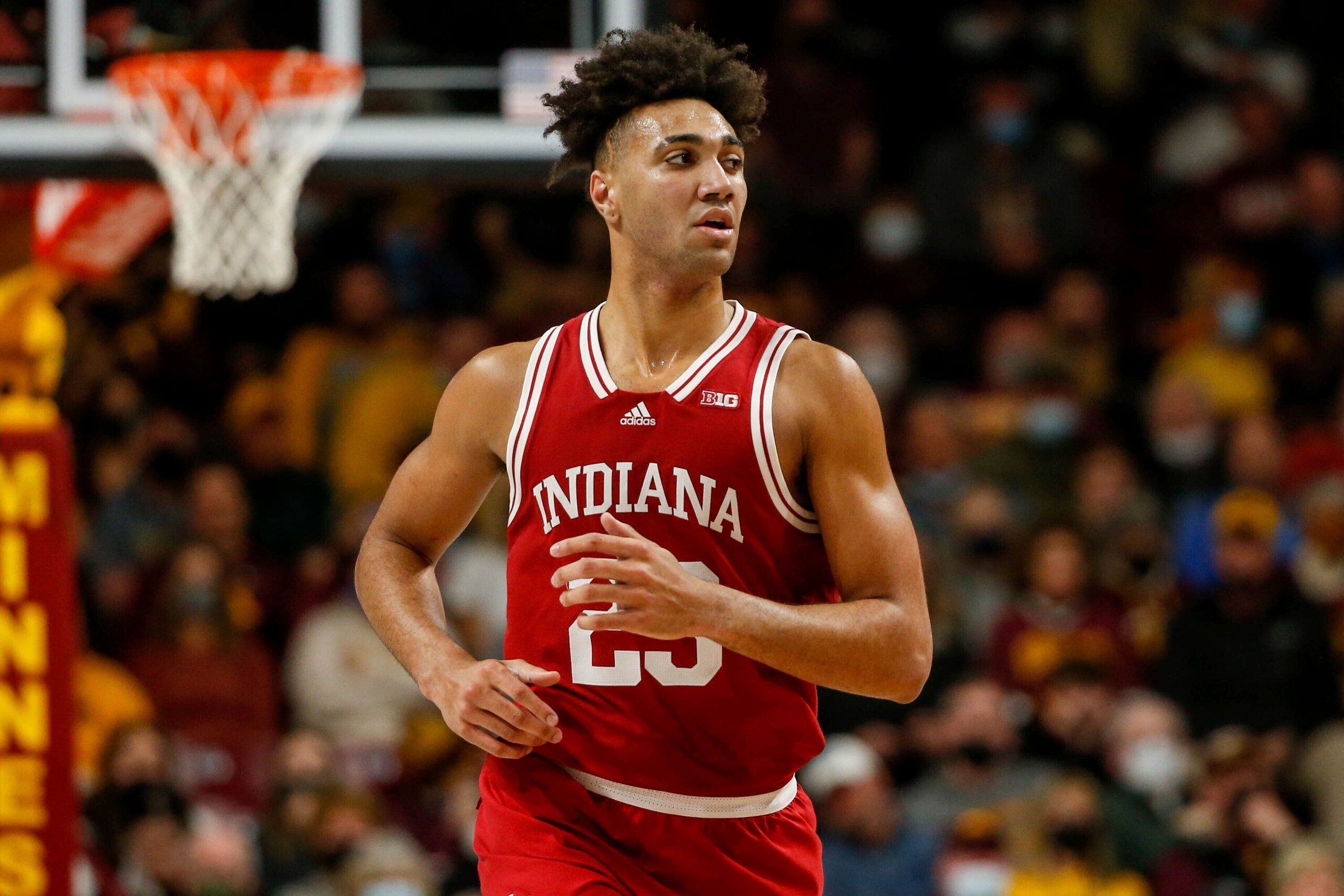 Indiana forward Trayce Jackson-Davis runs up the court against Minnesota at an NCAA college basketball game Sunday, Feb. 27, 2022, in Minneapolis. Indiana won 84-79. (AP Photo/Bruce Kluckhohn)