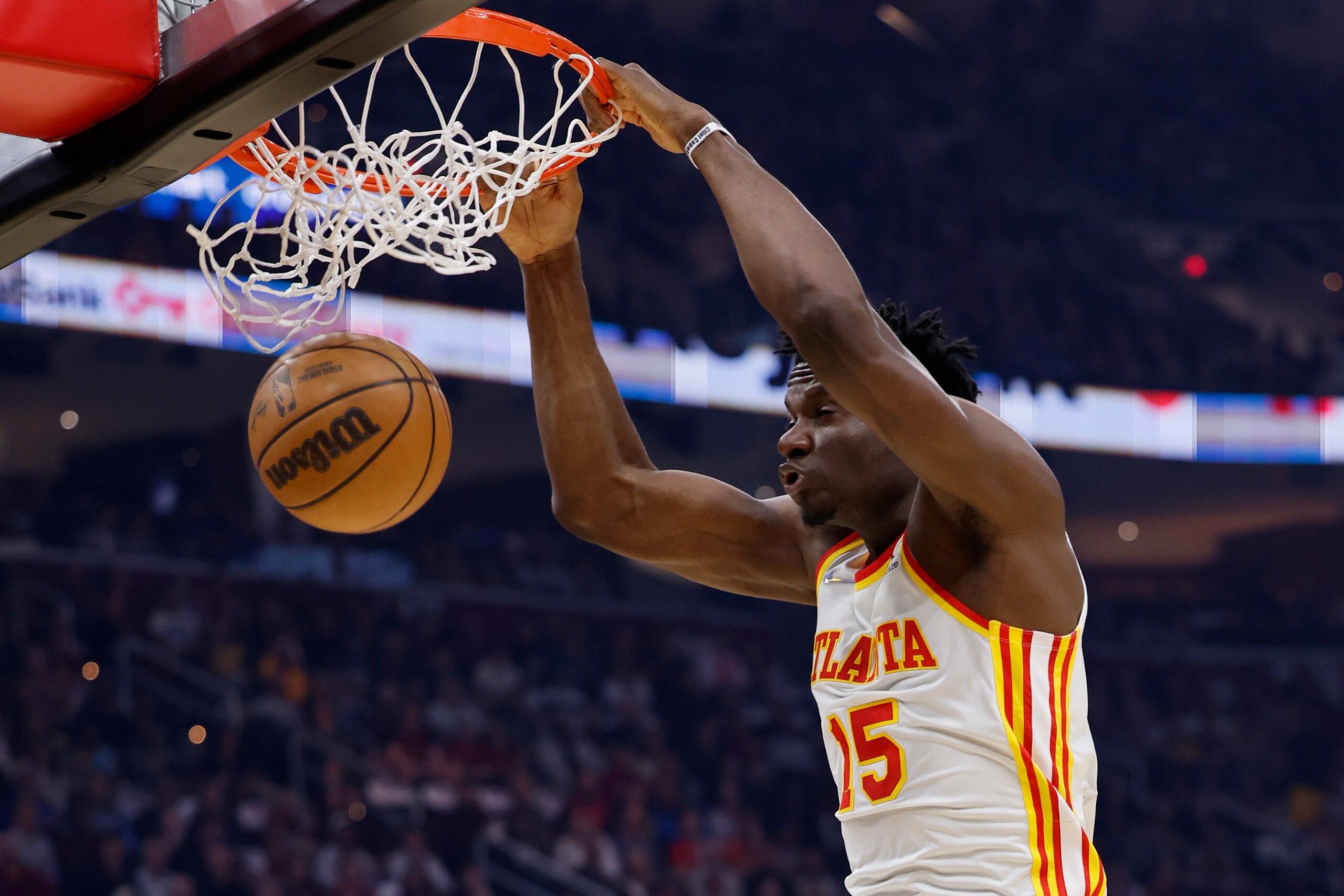 CLEVELAND, OHIO - APRIL 15: Clint Capela #15 of the Atlanta Hawks dunks in the first half against the Cleveland Cavaliers at Rocket Mortgage Fieldhouse on April 15, 2022 in Cleveland, Ohio. NOTE TO USER: User expressly acknowledges and agrees that, by downloading and or using this photograph, User is consenting to the terms and conditions of the Getty Images License Agreement. (Photo by Rick Osentoski/Getty Images)