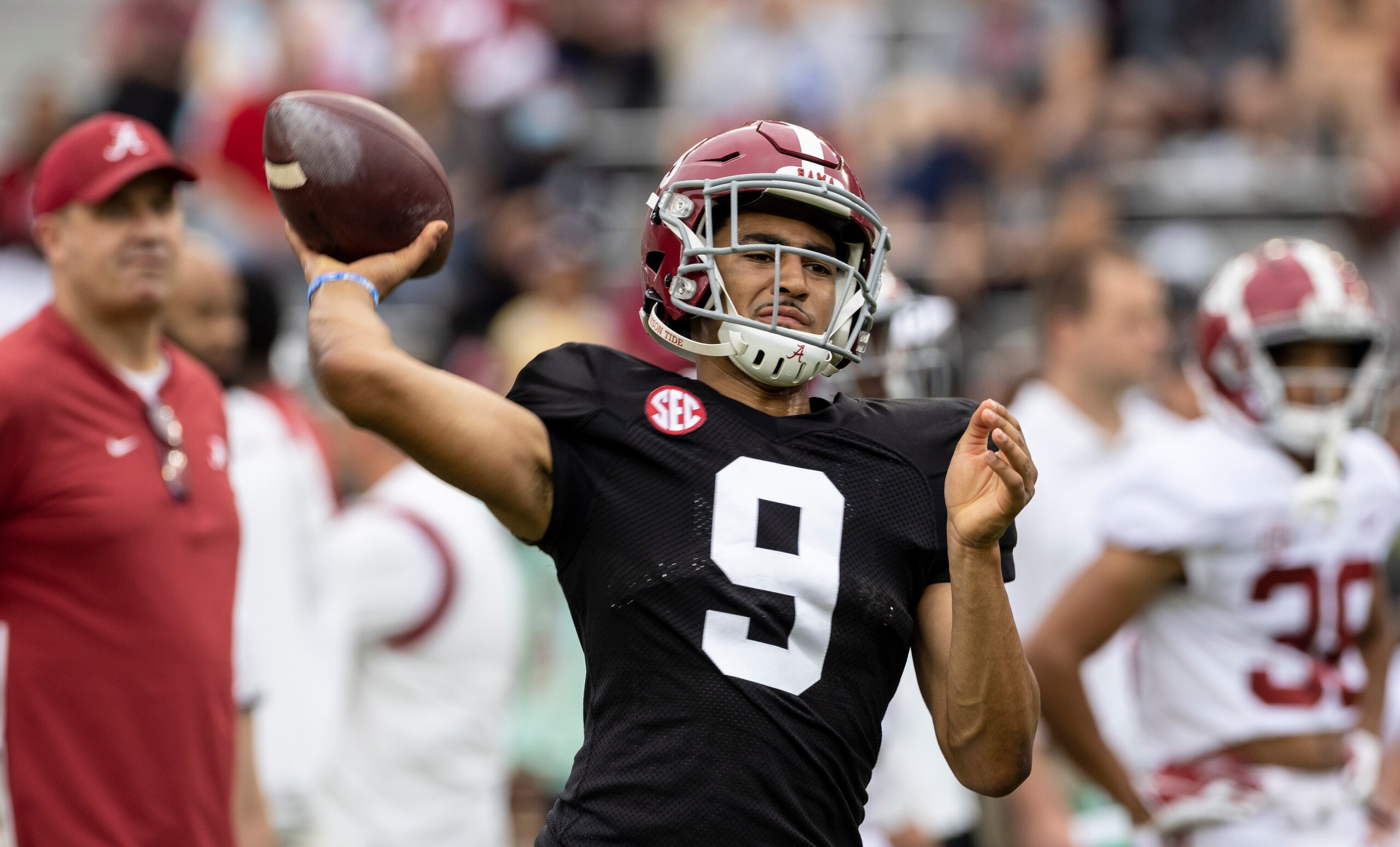 Alabama quarterback Bryce Young (9) throws before Alabama's A-Day NCAA college football scrimmage, Saturday, April 16, 2022, in Tuscaloosa, Ala. (AP Photo/Vasha Hunt) Alabama quarterback Bryce Young (9) throws before Alabama's A-Day NCAA college football scrimmage, Saturday, April 16, 2022, in Tuscaloosa, Ala. (AP Photo/Vasha Hunt)