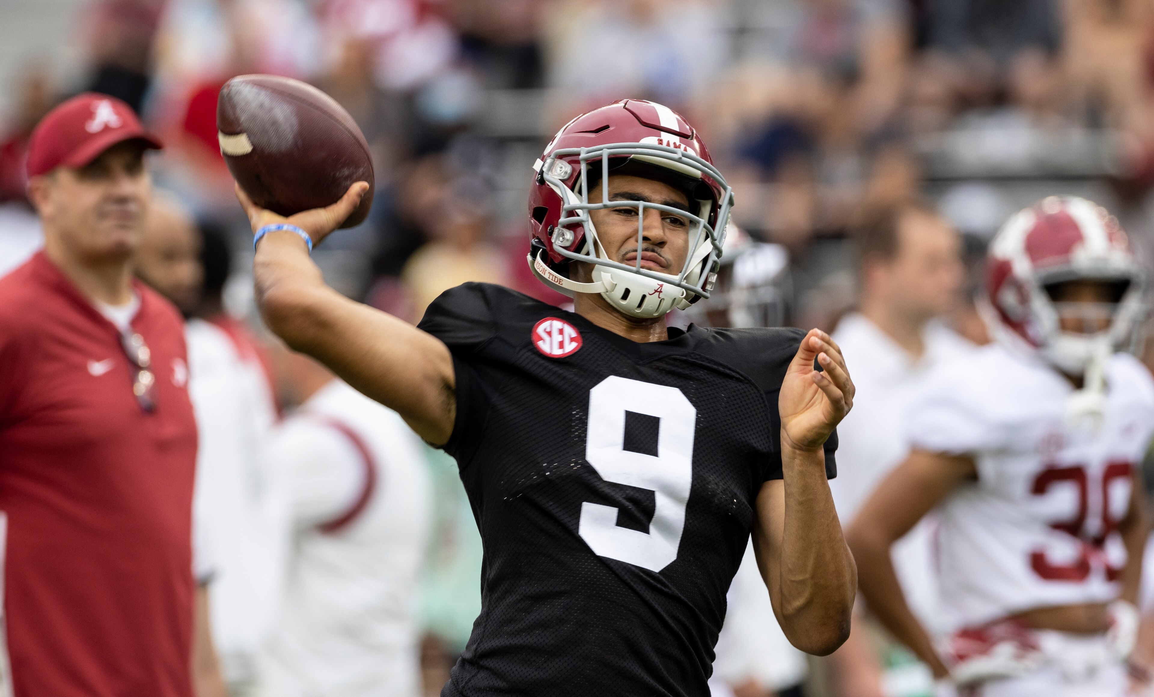 Alabama quarterback Bryce Young (9) throws before Alabama's A-Day NCAA college football scrimmage, Saturday, April 16, 2022, in Tuscaloosa, Ala. (AP Photo/Vasha Hunt)
