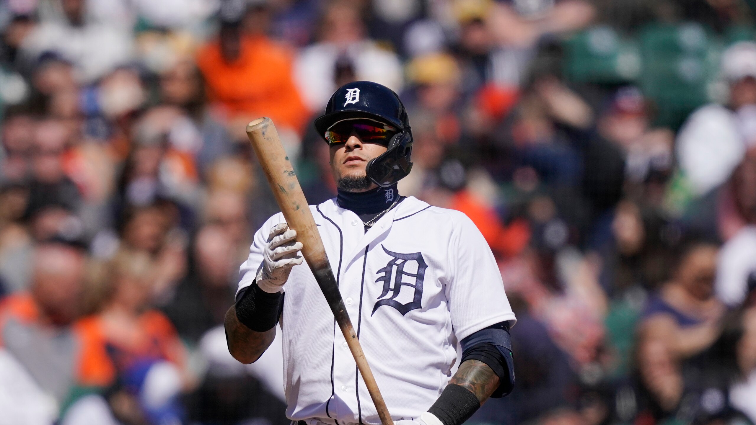Detroit Tigers' Javier Baez plays during a baseball game, Sunday, April 10, 2022, in Detroit. (AP Photo/Carlos Osorio)