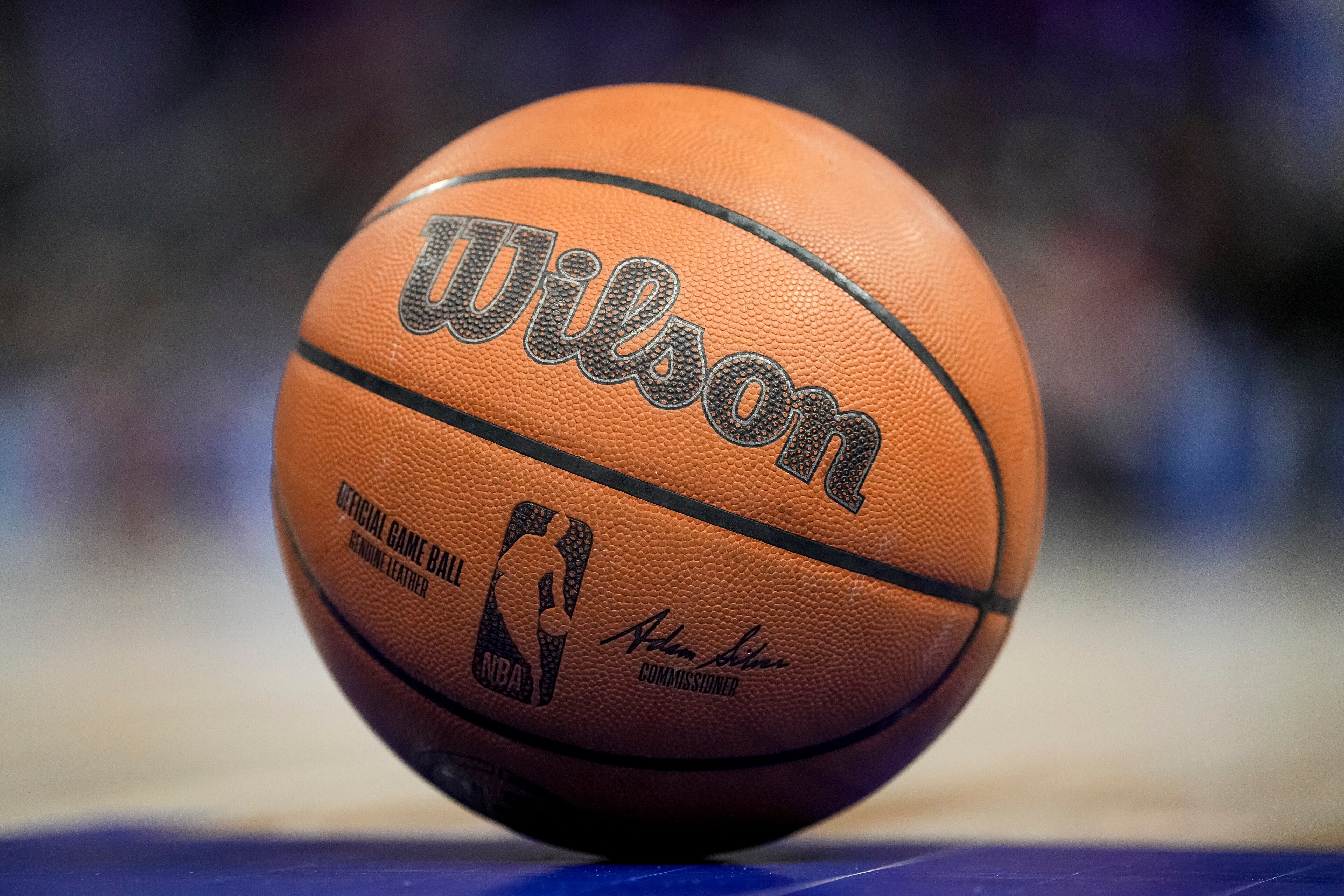 DETROIT, MICHIGAN - MARCH 31: The NBA logo is pictured on a Wilson brand basketball during the game between the Detroit Pistons and Philadelphia 76ers Little Caesars Arena on March 31, 2022 in Detroit, Michigan. NOTE TO USER: User expressly acknowledges and agrees that, by downloading and or using this photograph, User is consenting to the terms and conditions of the Getty Images License Agreement. (Photo by Nic Antaya/Getty Images) DETROIT, MICHIGAN - MARCH 31: The NBA logo is pictured on a Wilson brand basketball during the game between the Detroit Pistons and Philadelphia 76ers Little Caesars Arena on March 31, 2022 in Detroit, Michigan. NOTE TO USER: User expressly acknowledges and agrees that, by downloading and or using this photograph, User is consenting to the terms and conditions of the Getty Images License Agreement. (Photo by Nic Antaya/Getty Images)