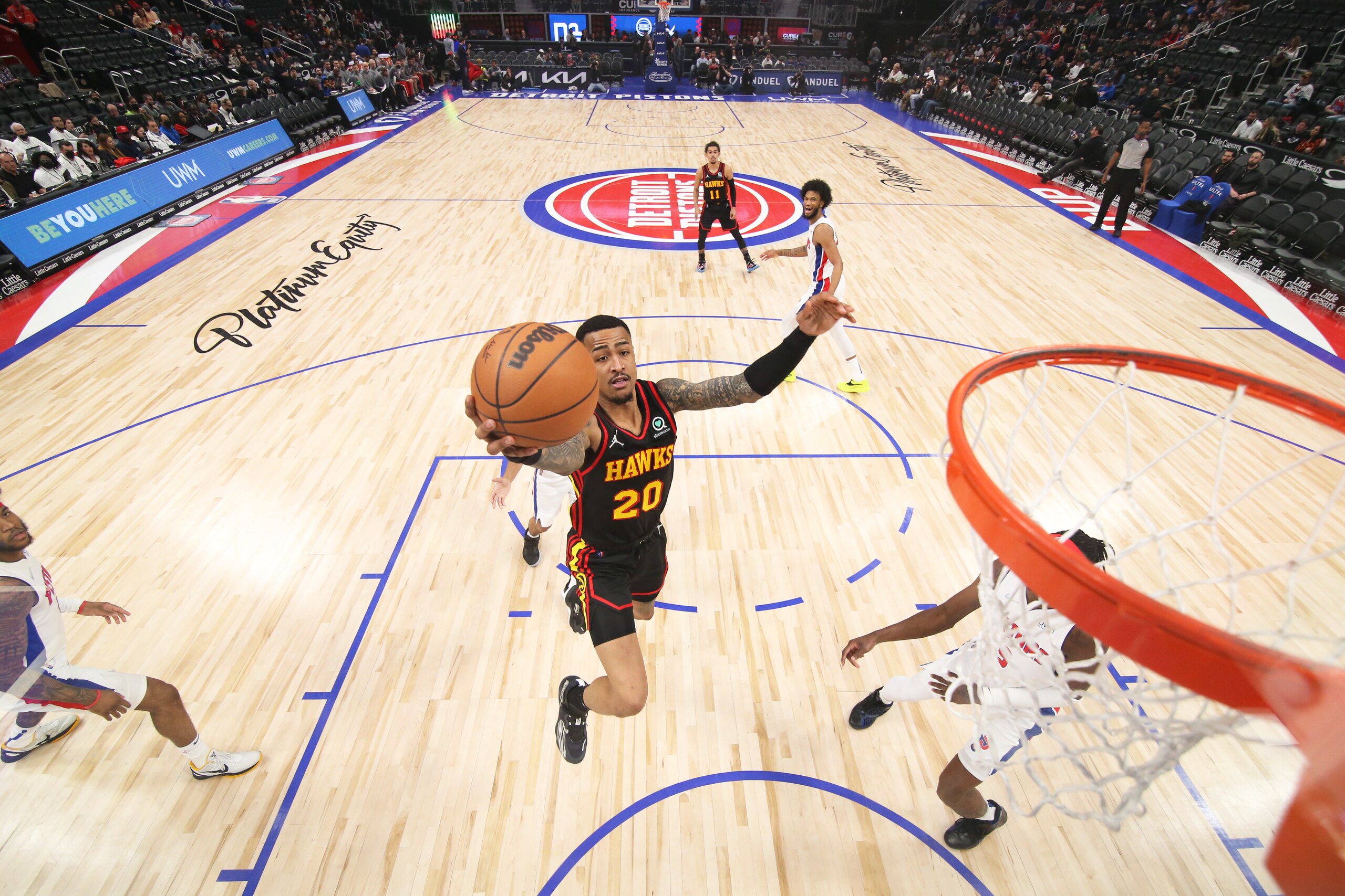 DETROIT, MI - MARCH 7:  John Collins #20 of the Atlanta Hawks shoots the ball during the game against the Detroit Pistons on March 7, 2022 at Little Caesars Arena in Detroit, Michigan. NOTE TO USER: User expressly acknowledges and agrees that, by downloading and/or using this photograph, User is consenting to the terms and conditions of the Getty Images License Agreement. Mandatory Copyright Notice: Copyright 2022 NBAE (Photo by Brian Sevald/NBAE via Getty Images)