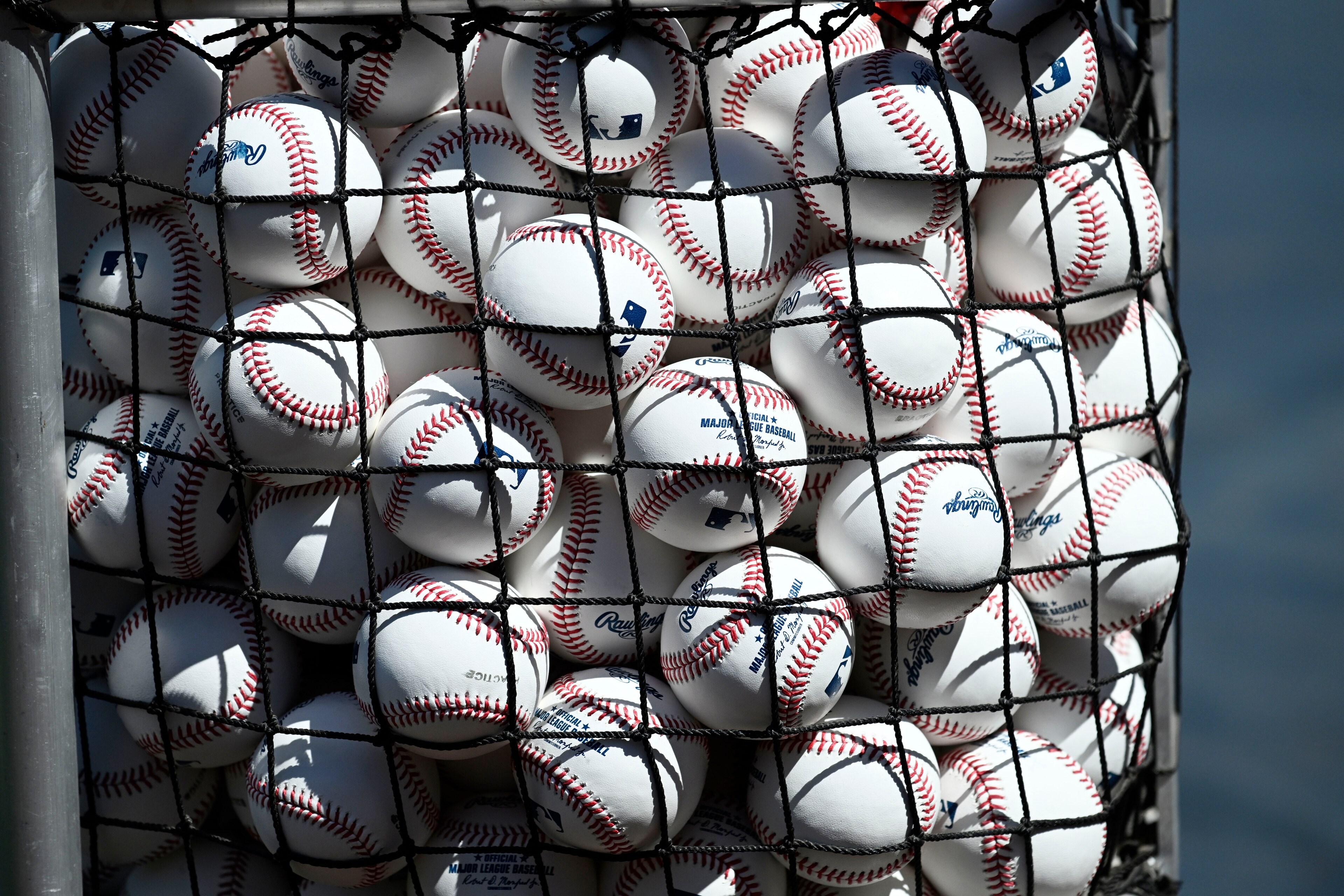 SAN DIEGO, CA - APRIL 14: A general view of baseballs on the field on Opening Day before a baseball game between the Atlanta Braves and the San Diego Padres on April 14, 2022 in San Diego, California.  (Photo by Denis Poroy/Getty Images)