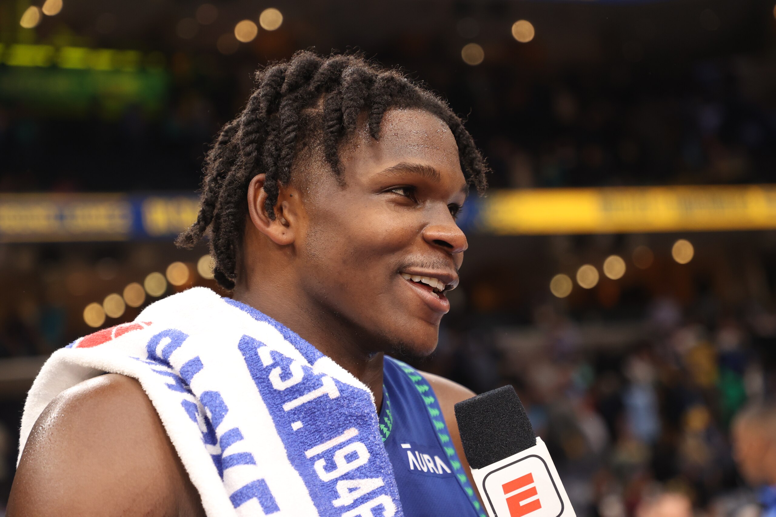 MEMPHIS, TN - APRIL 16: Anthony Edwards #1 of the Minnesota Timberwolves interviews after Round 1 Game 1 of the 2022 NBA Playoffs on April 16, 2022 at FedExForum in Memphis, Tennessee. NOTE TO USER: User expressly acknowledges and agrees that, by downloading and or using this photograph, User is consenting to the terms and conditions of the Getty Images License Agreement. Mandatory Copyright Notice: Copyright 2022 NBAE (Photo by Joe Murphy/NBAE via Getty Images)