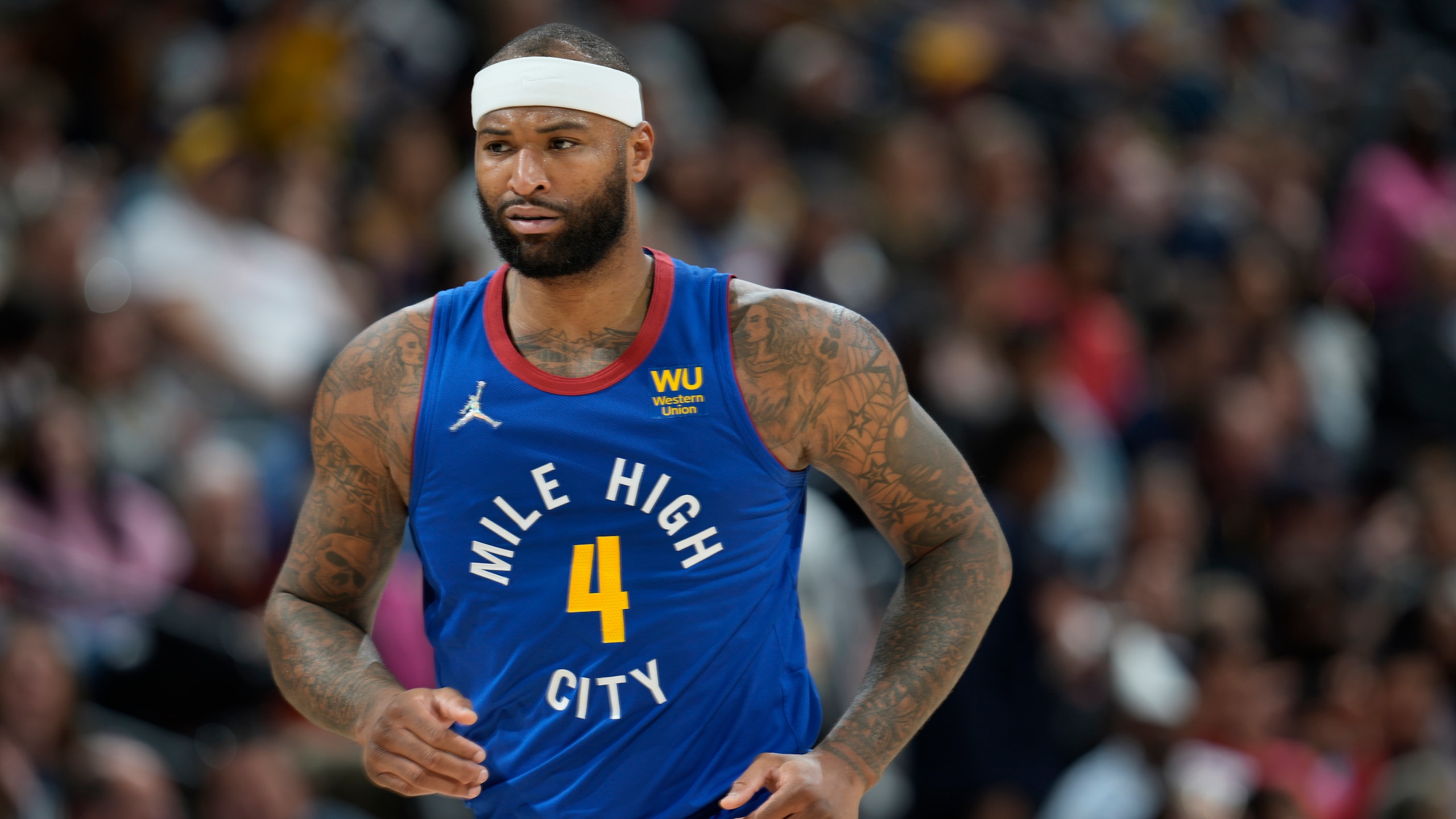 DeMarcus Cousins (4) of the Denver Nuggets plays against Los Angeles Lakers in the first half of an basketball game Sunday, April 10, 2022, in Denver. (AP Photo/David Zalubowski)