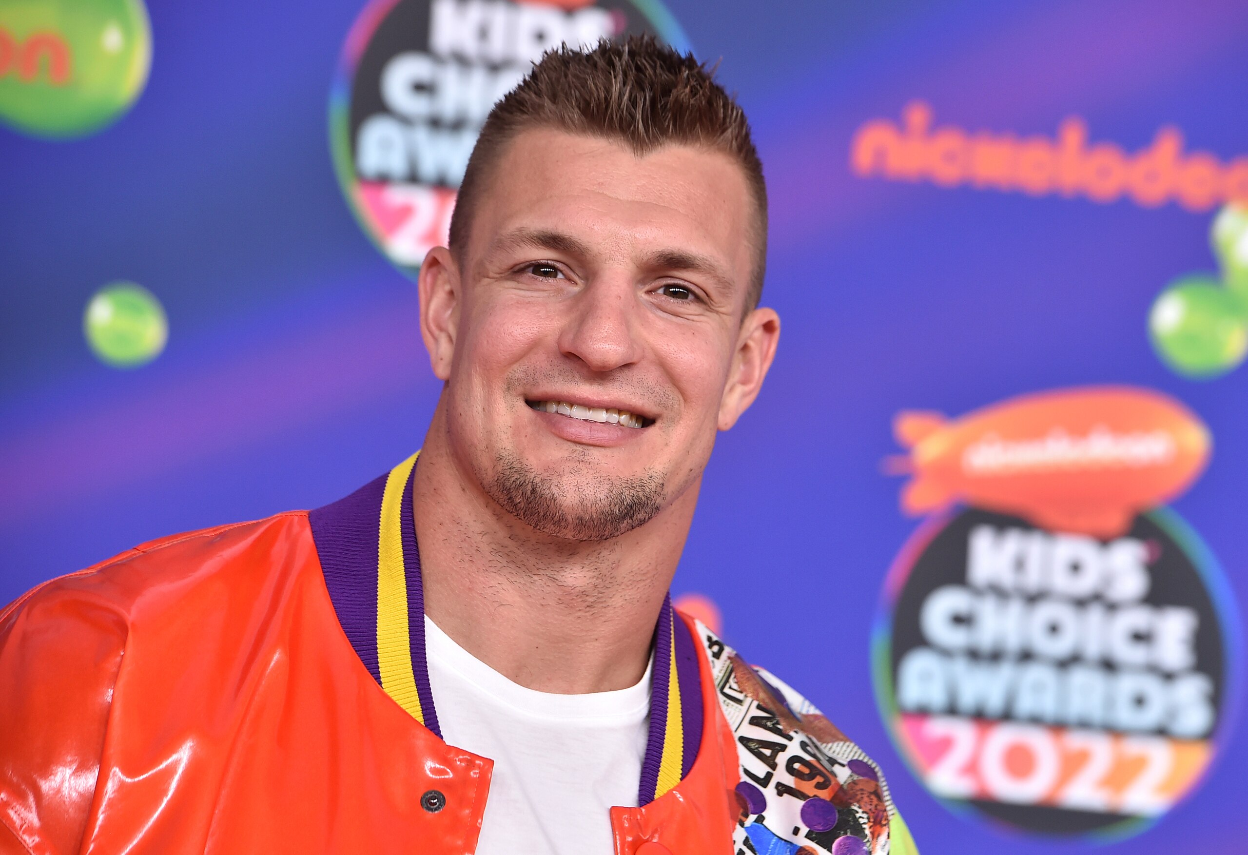 Rob Gronkowski arrives at the Kids Choice Awards on Saturday, April 9, 2022, at the Barker Hangar in Santa Monica, Calif. (Photo by Jordan Strauss/Invision/AP)