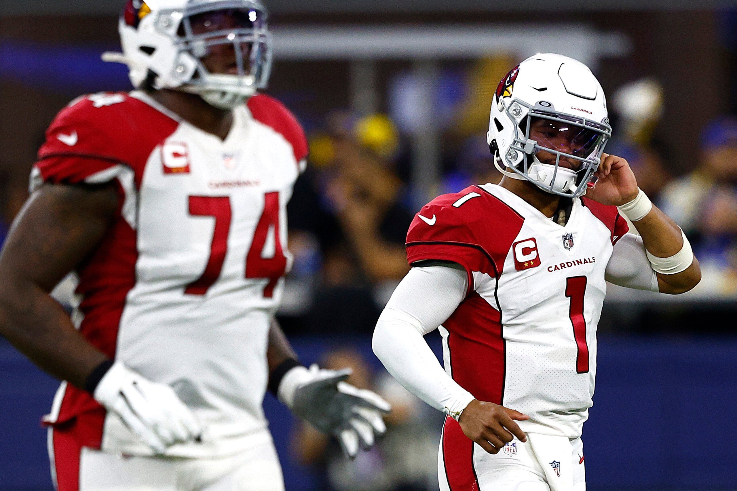 INGLEWOOD, CALIFORNIA - JANUARY 17: Kyler Murray #1 of the Arizona Cardinals runs off the field during the fourth quarter against the Los Angeles Rams in the NFC Wild Card Playoff game at SoFi Stadium on January 17, 2022 in Inglewood, California. (Photo by Ronald Martinez/Getty Images) INGLEWOOD, CALIFORNIA - JANUARY 17: Kyler Murray #1 of the Arizona Cardinals runs off the field during the fourth quarter against the Los Angeles Rams in the NFC Wild Card Playoff game at SoFi Stadium on January 17, 2022 in Inglewood, California. (Photo by Ronald Martinez/Getty Images)