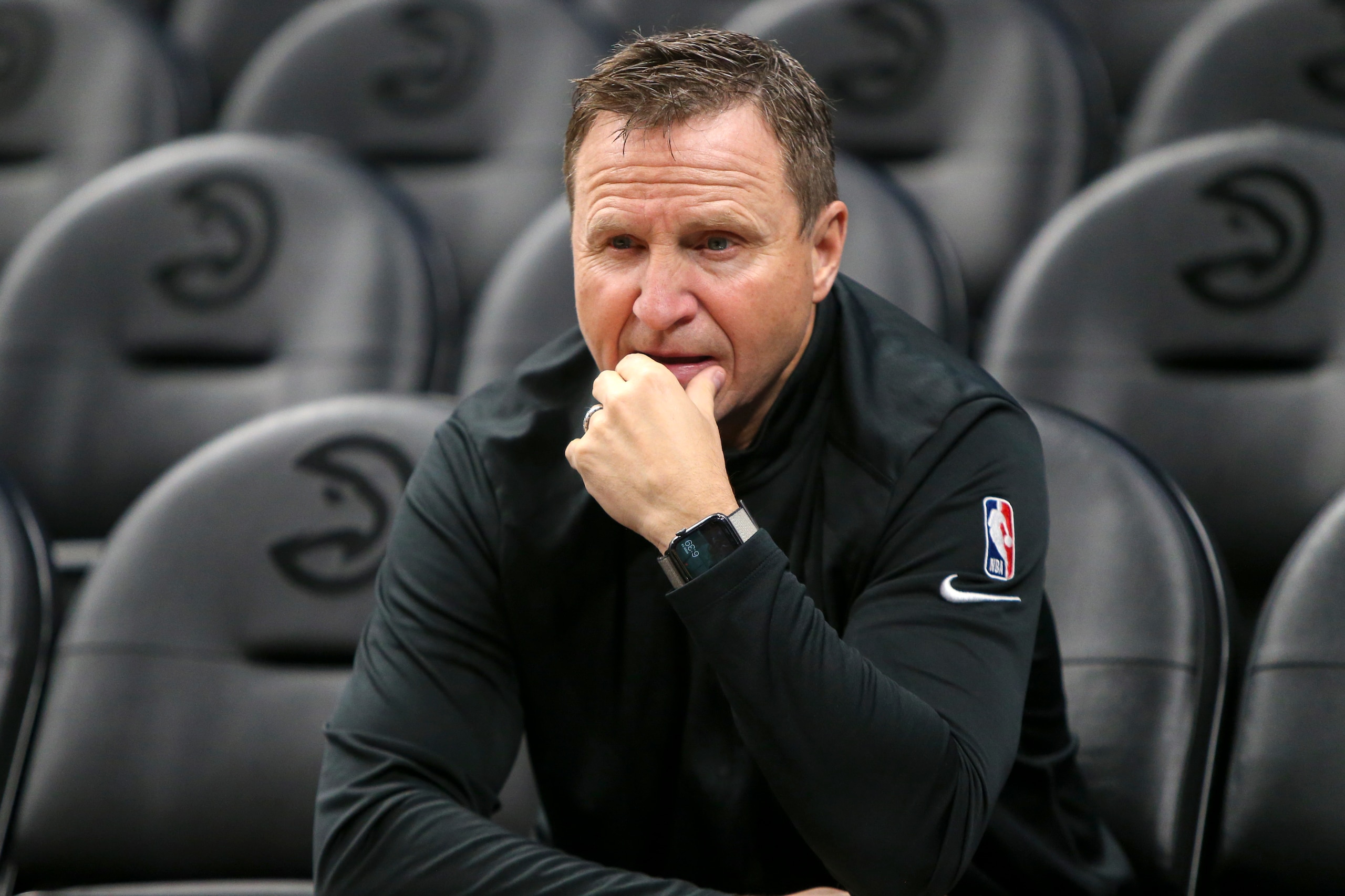 Portland Trail Blazers assistant coach Scott Brooks on the court before an NBA basketball game against the Atlanta Hawks, Monday, March 14, 2022, in Atlanta. (AP Photo/Brett Davis)