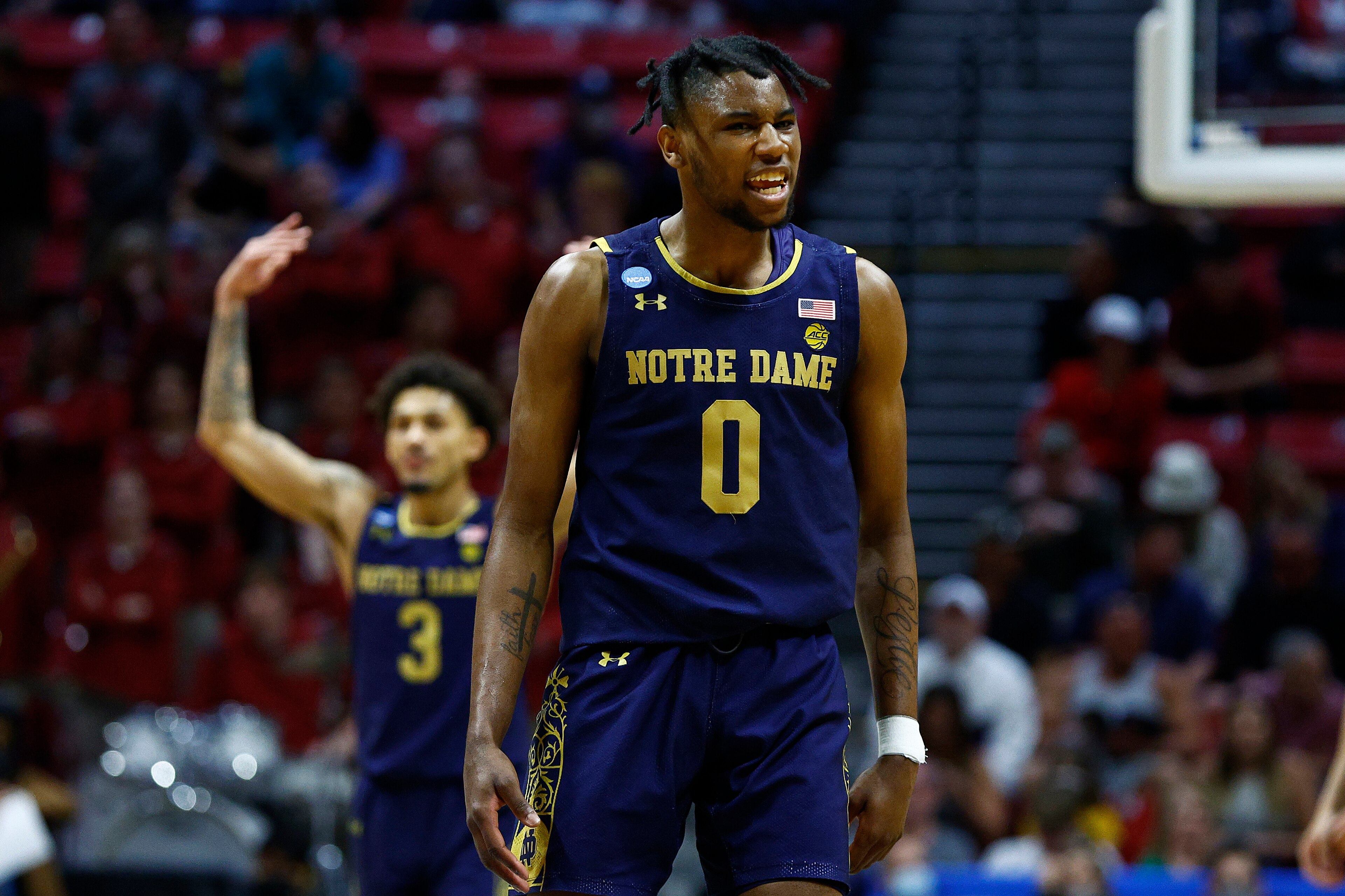 SAN DIEGO, CALIFORNIA - MARCH 18: Blake Wesley #0 of the Notre Dame Fighting Irish celebrates against the Alabama Crimson Tide during the second half in the first round game of the 2022 NCAA Men's Basketball Tournament at Viejas Arena at San Diego State University on March 18, 2022 in San Diego, California. (Photo by Ronald Martinez/Getty Images)