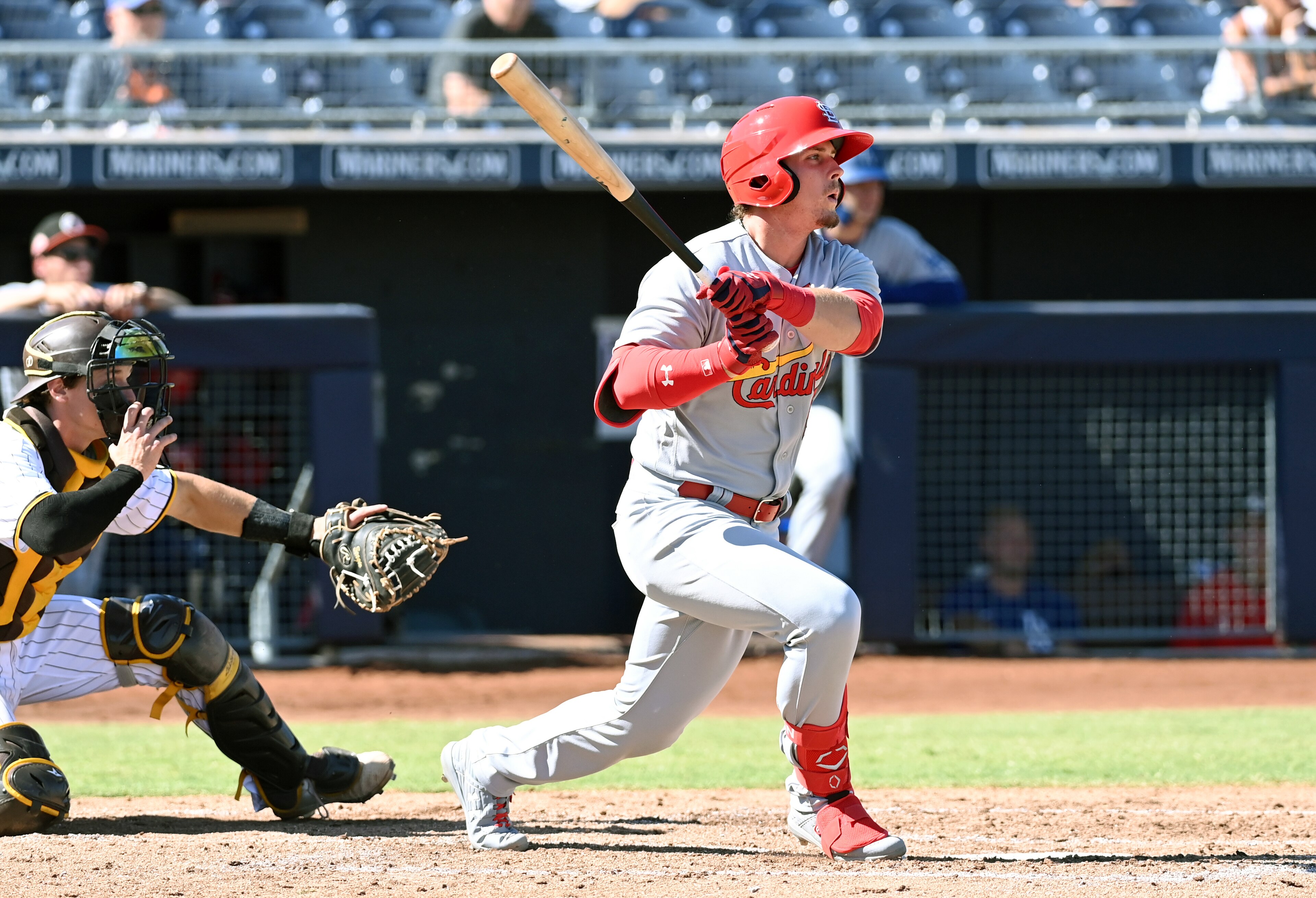 PEORIA, AZ - OCTOBER 14: Nolan Gorman #16 of the Glendale Desert Dogs hits the ball during the game between the Glendale Desert Dogs and the Peoria Javelinas at Peoria Sports Complex on Thursday, October 14, 2021 in Peoria, Arizona. (Photo by Norm Hall/MLB Photos via Getty Images)