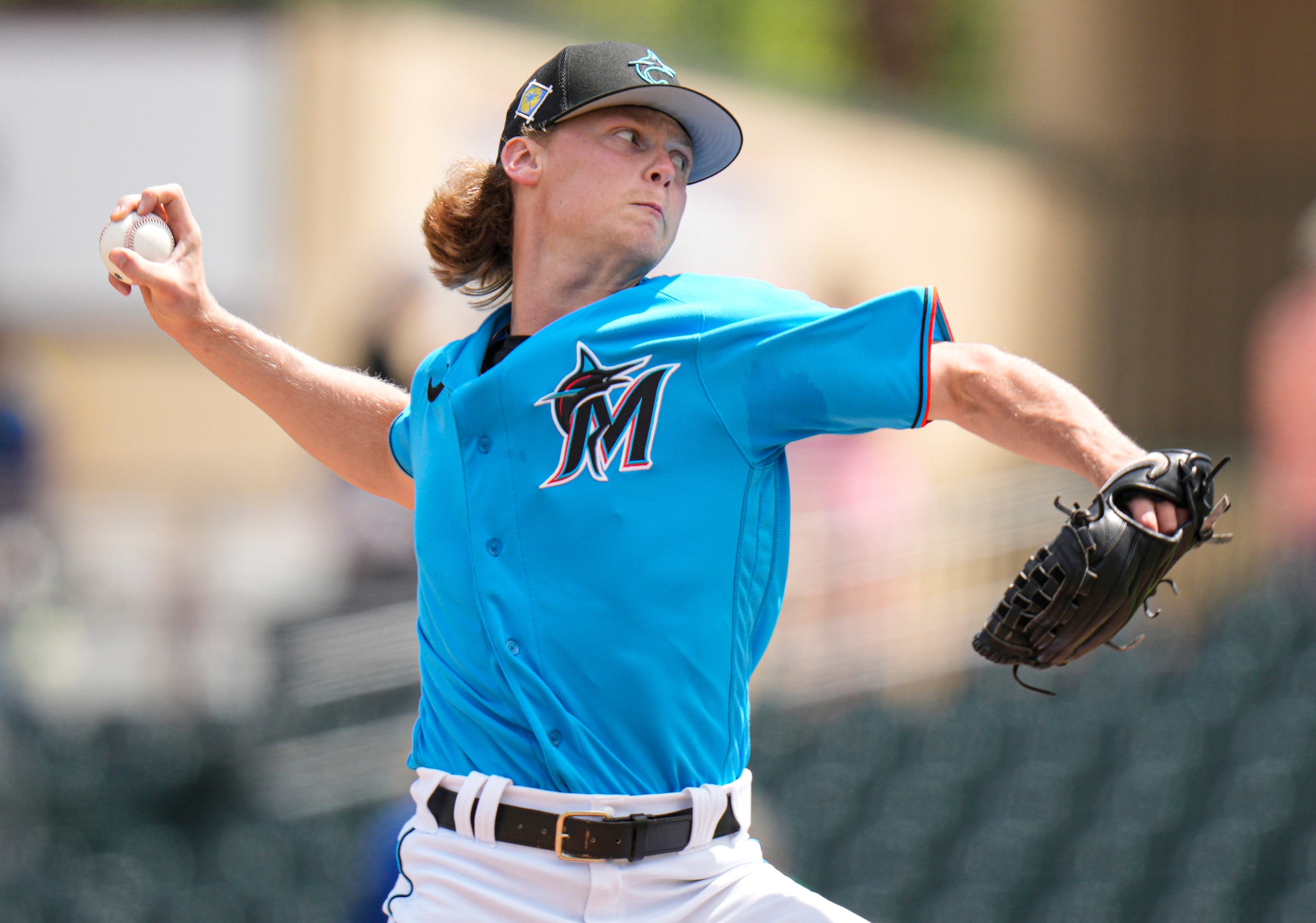 JUPITER, FLORIDA - MARCH 21: Max Meyer #63 of the Miami Marlins delivers a pitch in the fourth inning against the New York Mets in the Spring Training game at Roger Dean Stadium on March 21, 2022 in Jupiter, Florida. (Photo by Mark Brown/Getty Images)