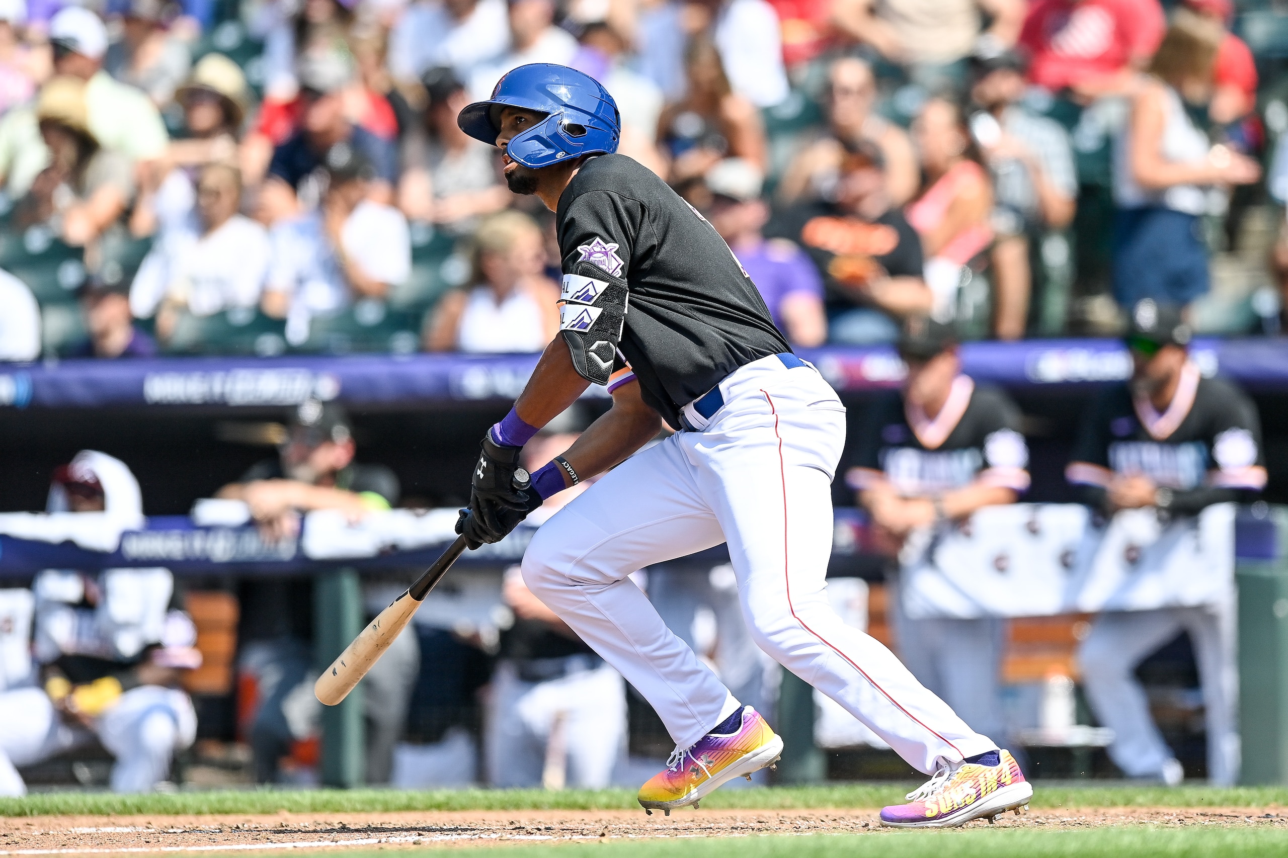 DENVER, CO - JULY 11: Brennen Davis #21 of National League Futures Team hits a home run against the American League Futures Team at Coors Field on July 11, 2021 in Denver, Colorado. (Photo by Dustin Bradford/Getty Images)