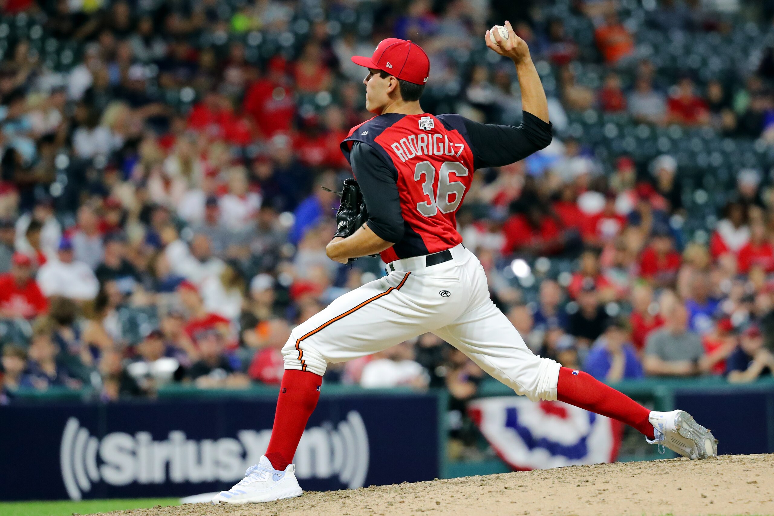 CLEVELAND, OH - JULY 07:  Grayson Rodriguez #36 of the American League Futures Team pitches during the SiriusXM All-Star Futures Game at Progressive Field on Sunday, July 7, 2019 in Cleveland, Ohio. (Photo by Alex Trautwig/MLB Photos via Getty Images)