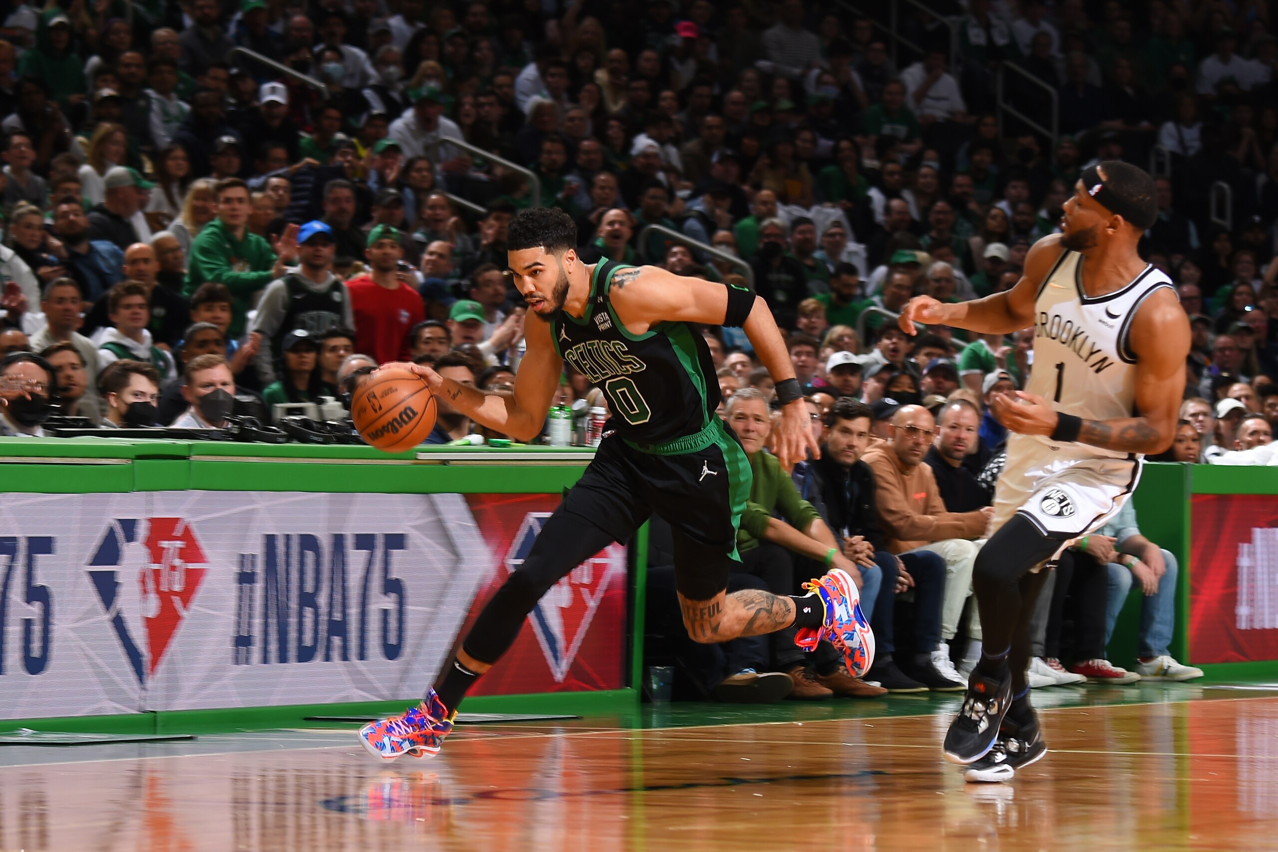 BOSTON, MA - APRIL 17: Jayson Tatum #0 of the Boston Celtics drives to the basket against the Brooklyn Nets during Round 1 Game 1 of the 2022 NBA Playoffs on April 17, 2022 at the TD Garden in Boston, Massachusetts.  NOTE TO USER: User expressly acknowledges and agrees that, by downloading and or using this photograph, User is consenting to the terms and conditions of the Getty Images License Agreement. Mandatory Copyright Notice: Copyright 2022 NBAE  (Photo by Brian Babineau/NBAE via Getty Images)