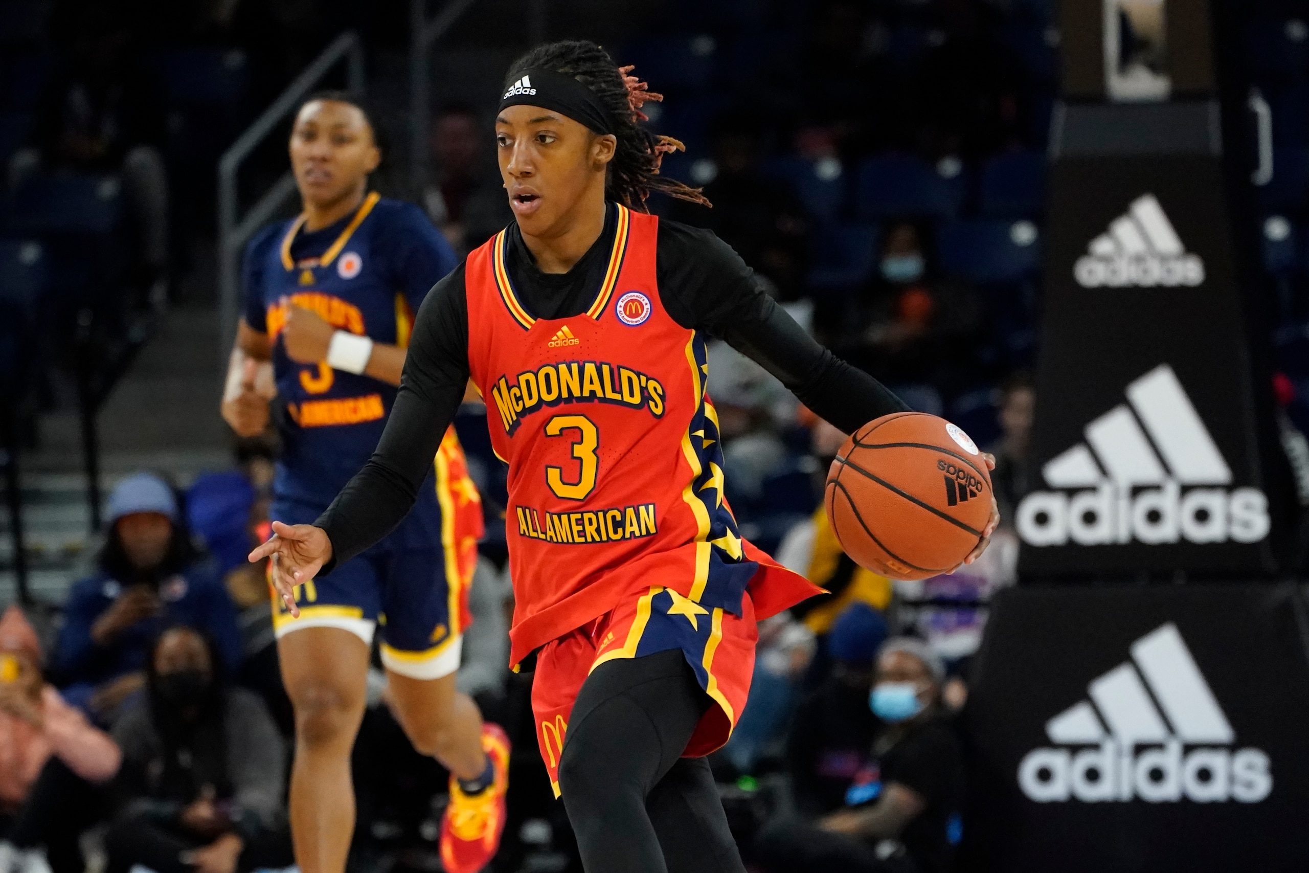West girl's Aaliyah Gayles participates in the first half of the McDonald's All-American Girls basketball game Tuesday, March 29, 2022, in Chicago. (AP Photo/Charles Rex Arbogast)