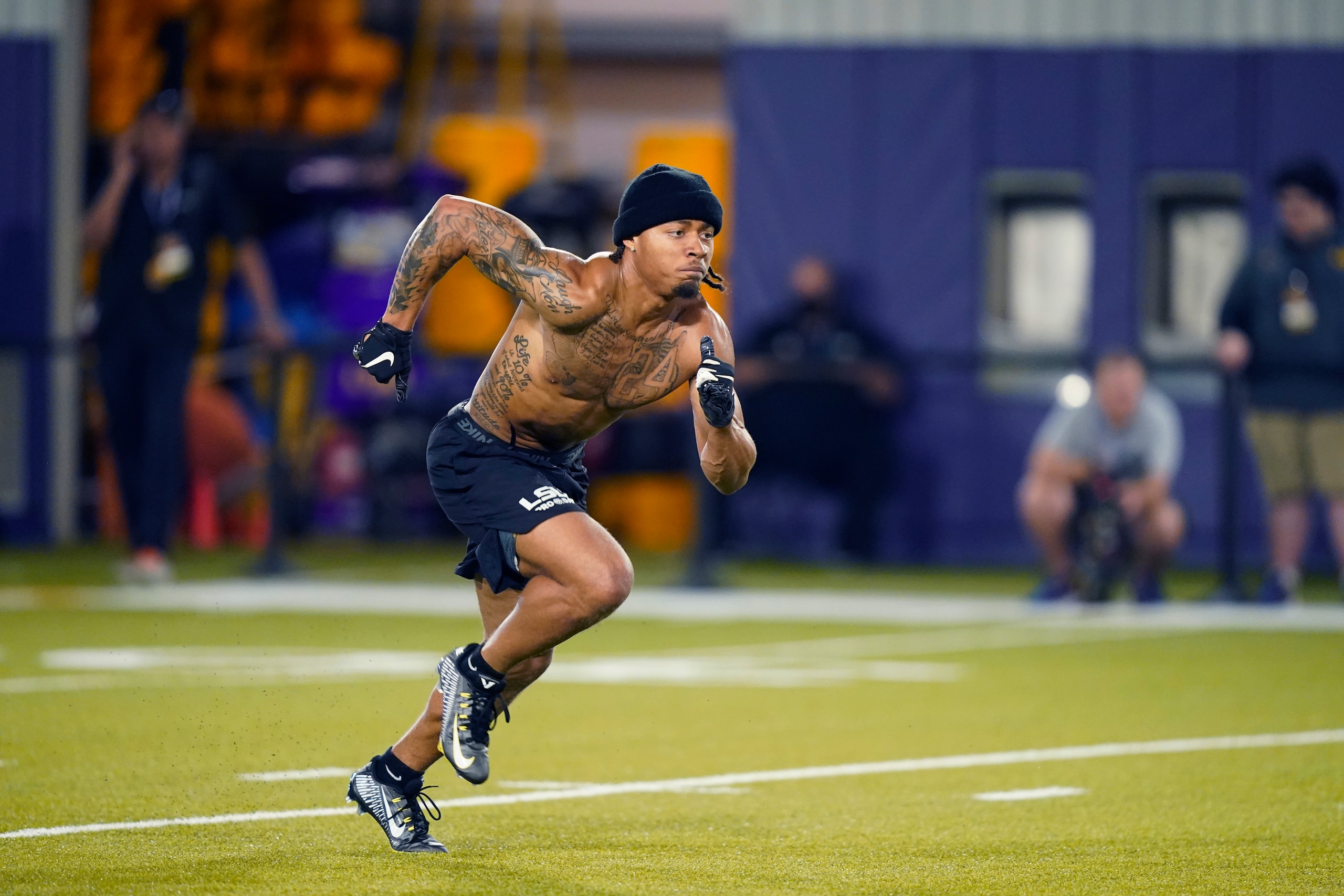 LSU cornerback Derek Stingley Jr. runs through drills during LSU Pro Day in Baton Rouge, La., Wednesday, April 6, 2022. (AP Photo/Gerald Herbert)