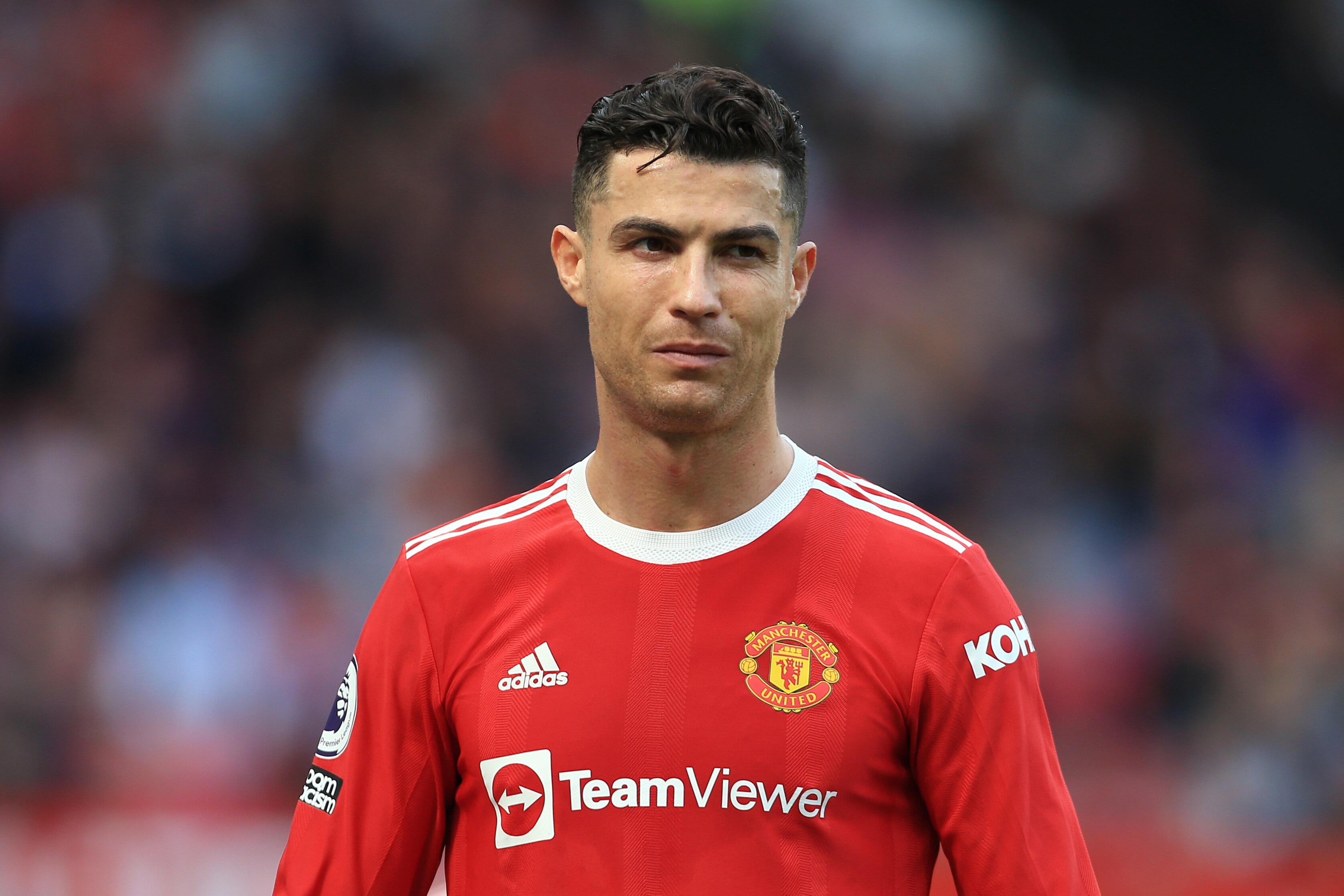 MANCHESTER, ENGLAND - APRIL 16: Cristiano Ronaldo of Manchester United looks on during the Premier League match between Manchester United and Norwich City at Old Trafford on April 16, 2022 in Manchester, United Kingdom. (Photo by Simon Stacpoole/Offside/Offside via Getty Images)