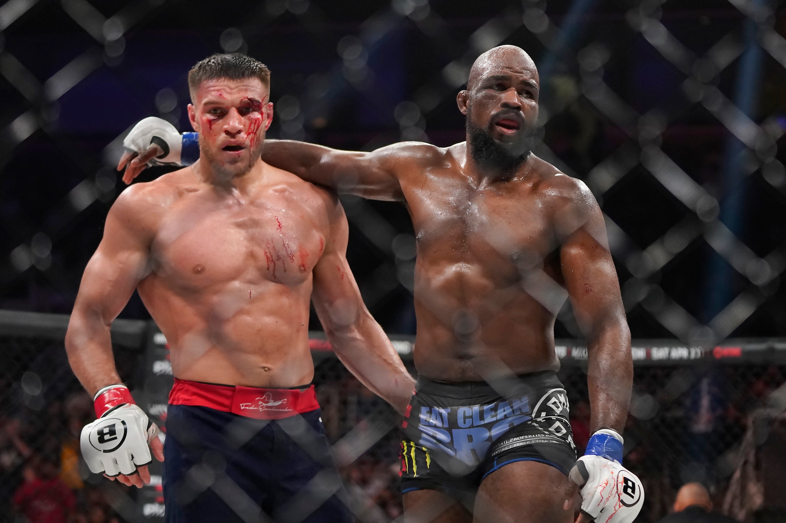 Vadim Nemkov, left, and Corey Anderson react after a light heavyweight World Grand Prix Final match at the Bellator 277 mixed martial arts event in San Jose, Calif., Friday, April 15, 2022. The bout was ruled a no contest. (AP Photo/Jeff Chiu)