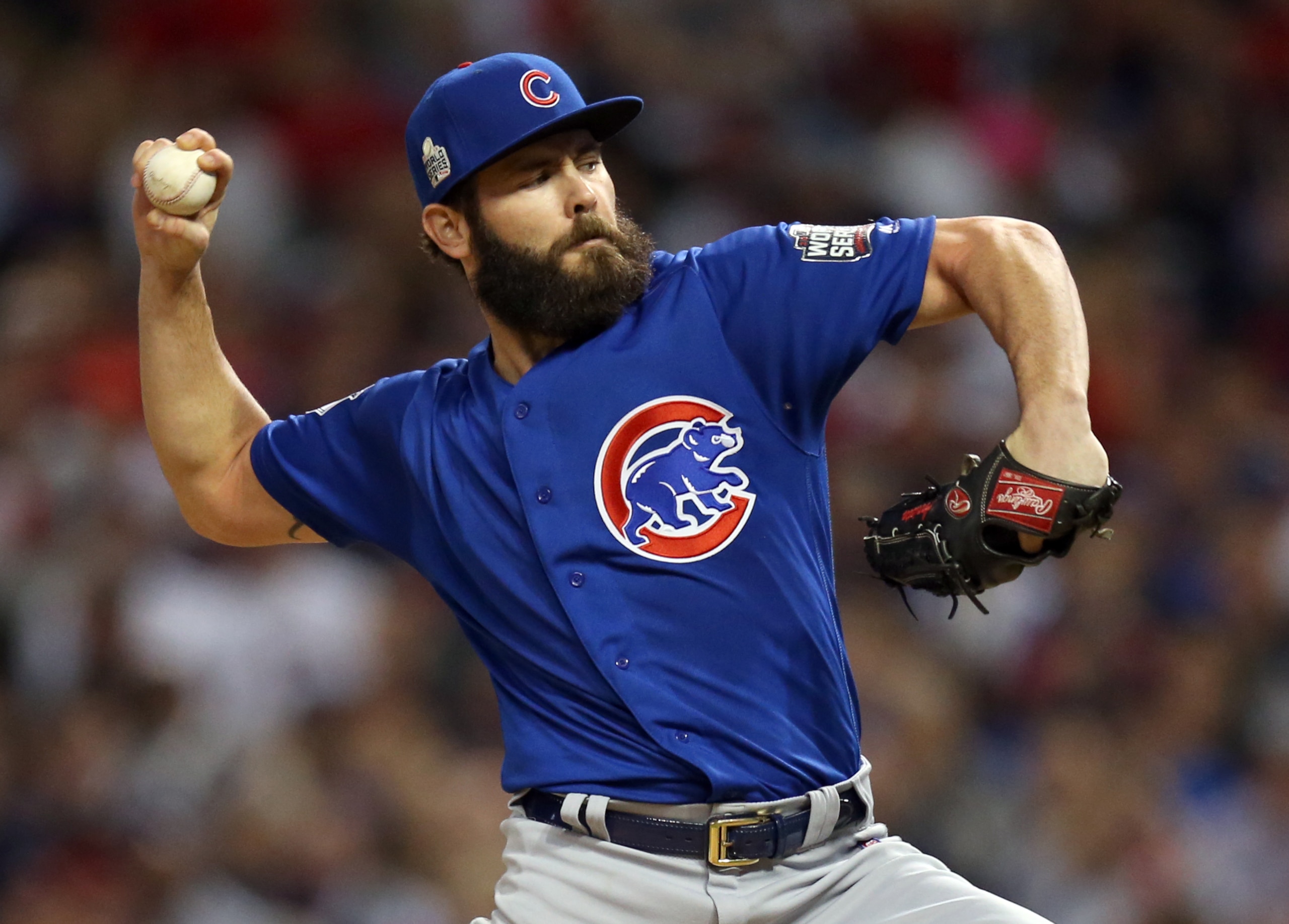 CLEVELAND, OH - NOVEMBER 1:  Jake Arrieta #49 of the Chicago Cubs pitches during Game 6 of the 2016 World Series against the Cleveland Indians at Progressive Field on Tuesday, November 1, 2016 in Cleveland, Ohio. (Photo by Brad Mangin/MLB via Getty Images) 