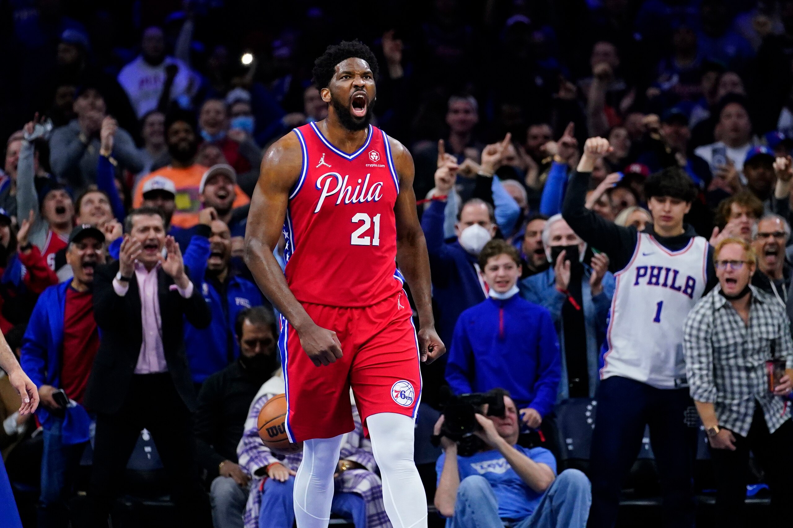 Philadelphia 76ers' Joel Embiid reacts after making a basket during the first half of Game 2 of an NBA basketball first-round playoff series against the Toronto Raptors, Monday, April 18, 2022, in Philadelphia. (AP Photo/Matt Slocum) Philadelphia 76ers' Joel Embiid reacts after making a basket during the first half of Game 2 of an NBA basketball first-round playoff series against the Toronto Raptors, Monday, April 18, 2022, in Philadelphia. (AP Photo/Matt Slocum)