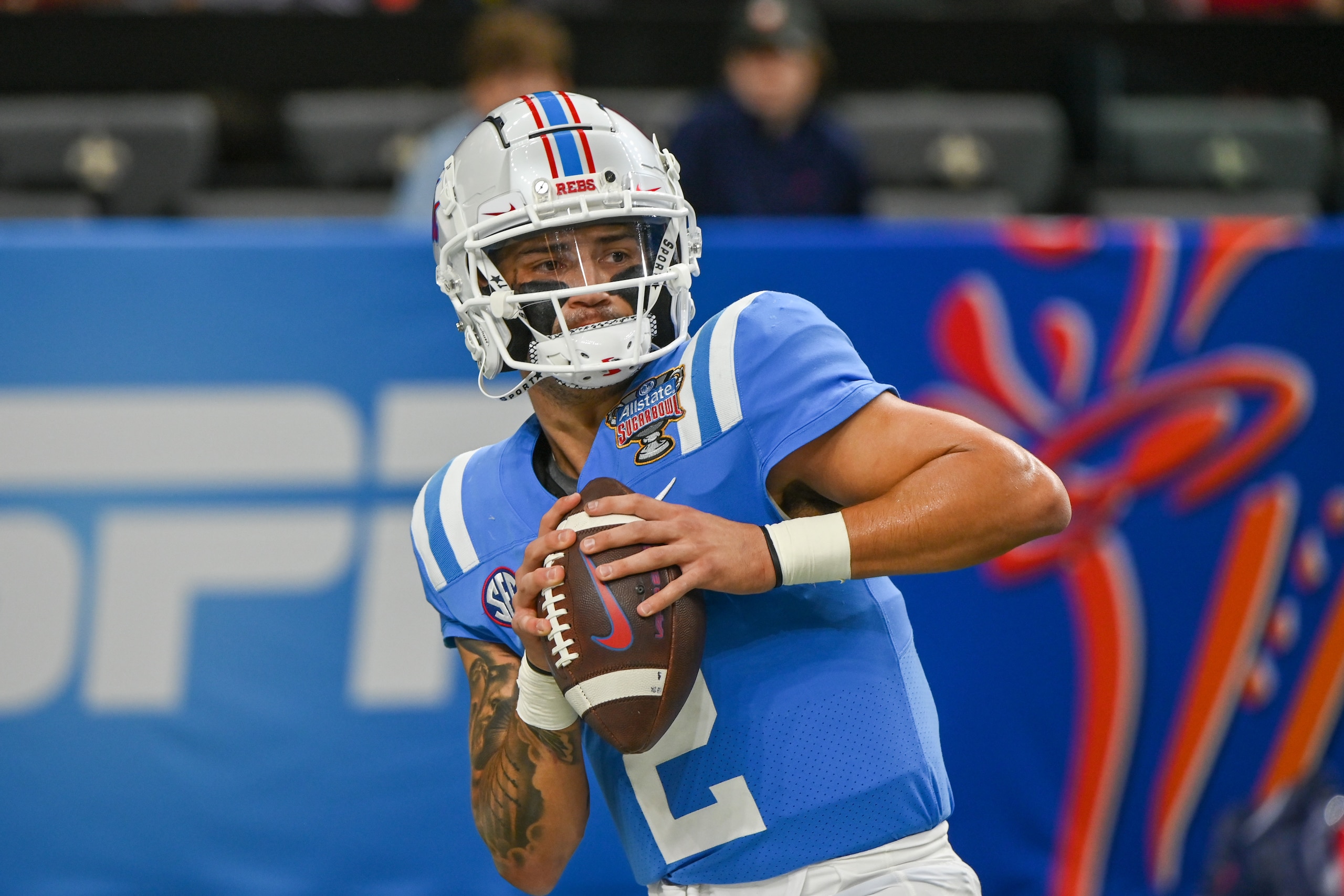 NEW ORLEANS, LA - JANUARY 01: Ole' Miss quarterback Matt Corral (2) during the Allstate Sugar Bowl game between the Baylor Bears and the Ole' Miss Rebels on January 01, 2022, at Caesars Superdome in New Orleans, LA. (Photo by Kevin Langley/Icon Sportswire via Getty Images)