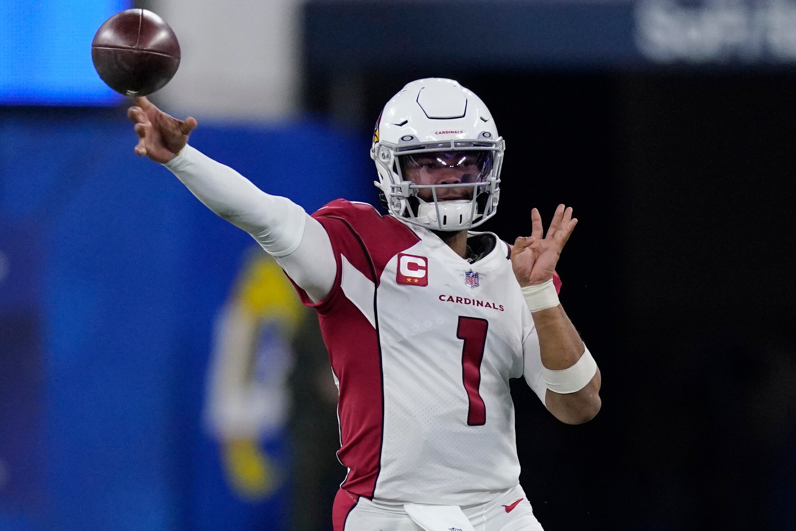 Arizona Cardinals quarterback Kyler Murray (1) passes against the Los Angeles Rams during the second half of an NFL wild-card playoff football game in Inglewood, Calif., Monday, Jan. 17, 2022. (AP Photo/Mark J. Terrill)