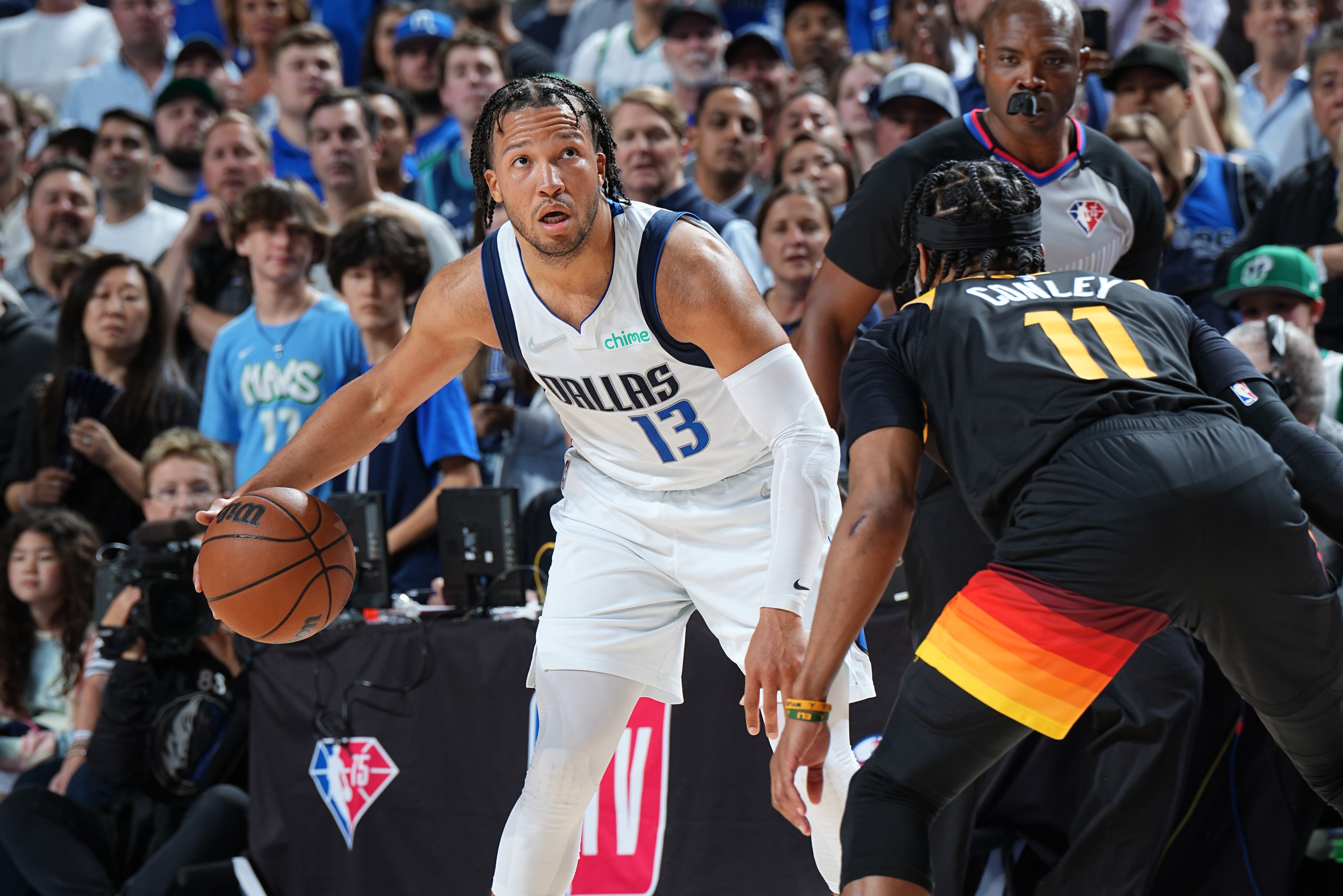 DALLAS, TX - APRIL 18: Jalen Brunson #13 of the Dallas Mavericks dribbles the ball during the game against the Utah Jazz during Round 1 Game 2 of the NBA Playoffs on April 18, 2022 at the American Airlines Center in Dallas, Texas. NOTE TO USER: User expressly acknowledges and agrees that, by downloading and or using this photograph, User is consenting to the terms and conditions of the Getty Images License Agreement. Mandatory Copyright Notice: Copyright 2022 NBAE (Photo by Glenn James/NBAE via Getty Images)
