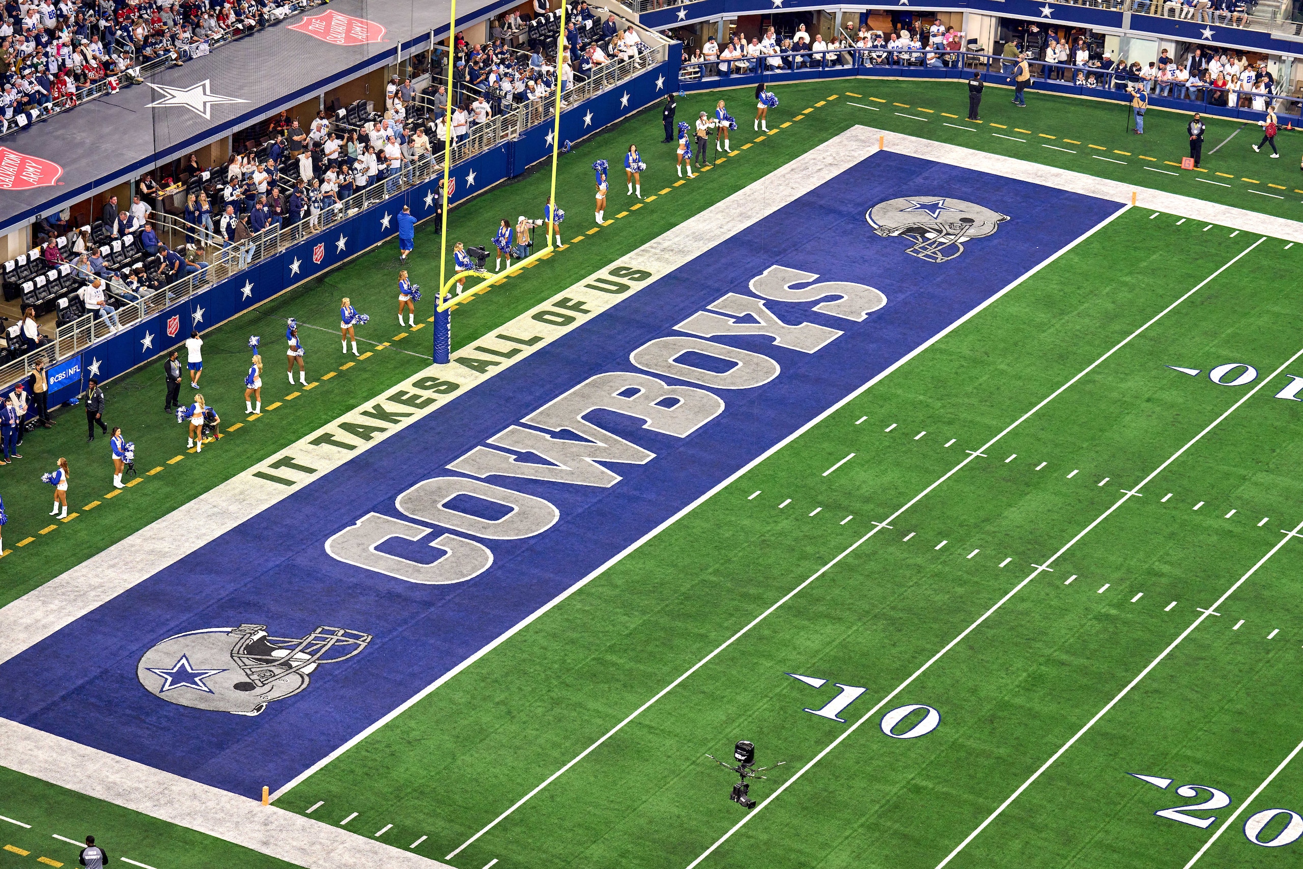 ARLINGTON, TX - JANUARY 16: A detail view of the Dallas Cowboys logo is seen in the endzone during the NFC Wild Card game between the San Francisco 49ers and the Dallas Cowboys on January 16, 2022 at AT&T Stadium in Arlington, TX. (Photo by Robin Alam/Icon Sportswire via Getty Images) ARLINGTON, TX - JANUARY 16: A detail view of the Dallas Cowboys logo is seen in the endzone during the NFC Wild Card game between the San Francisco 49ers and the Dallas Cowboys on January 16, 2022 at AT&T Stadium in Arlington, TX. (Photo by Robin Alam/Icon Sportswire via Getty Images)