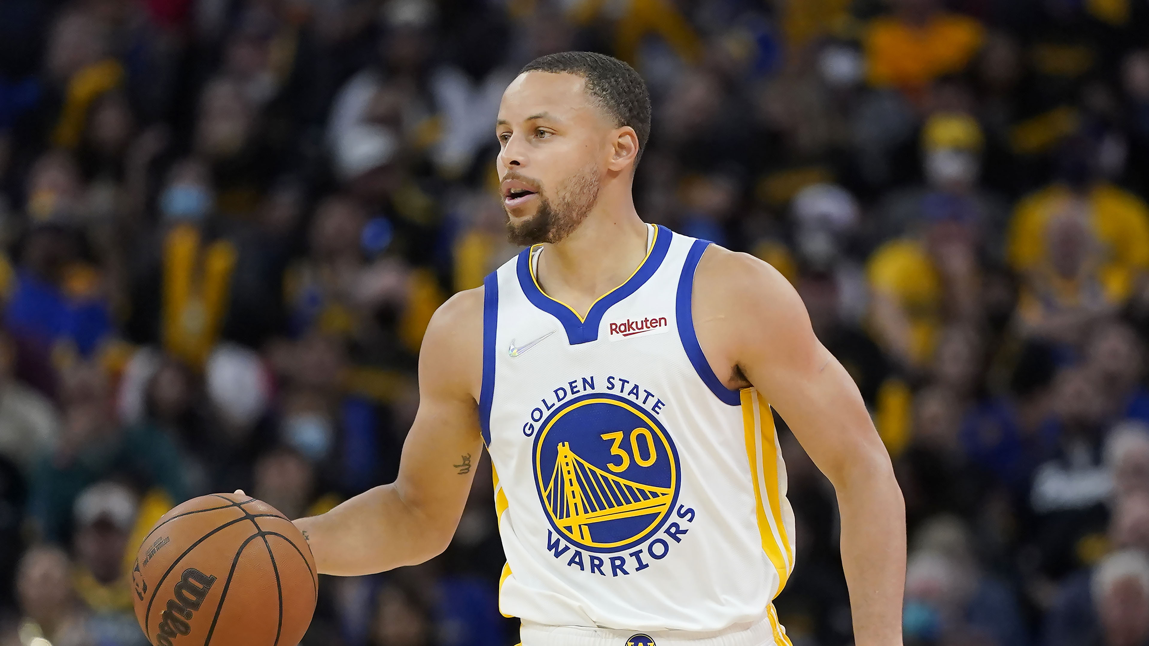 Golden State Warriors guard Stephen Curry against the Denver Nuggets during Game 2 of an NBA basketball first-round playoff series in San Francisco, Monday, April 18, 2022. (AP Photo/Jeff Chiu)