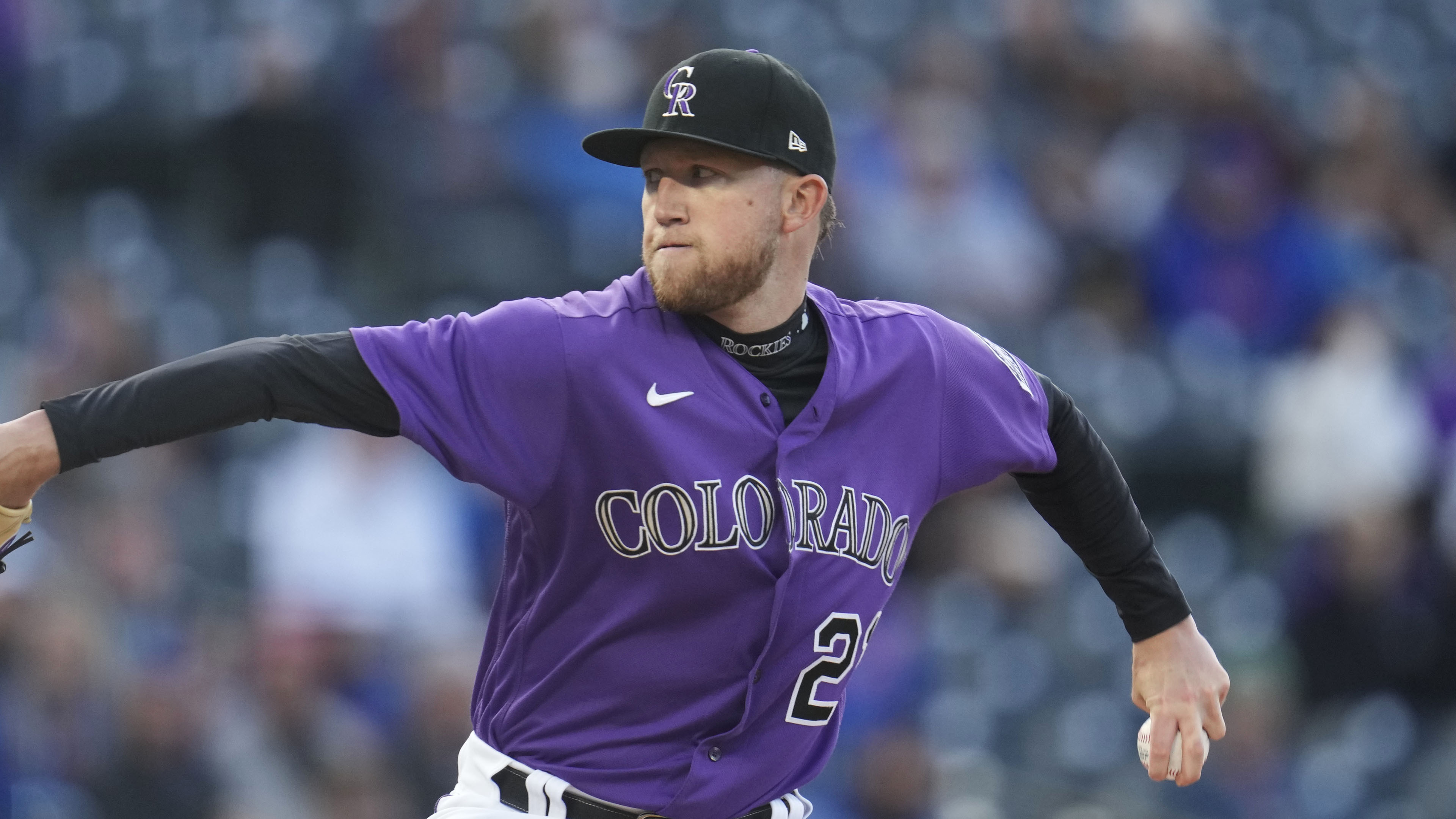 Colorado Rockies starting pitcher Kyle Freeland (21) in the first inning of a baseball game Thursday, April 14, 2022, in Denver. (AP Photo/David Zalubowski)