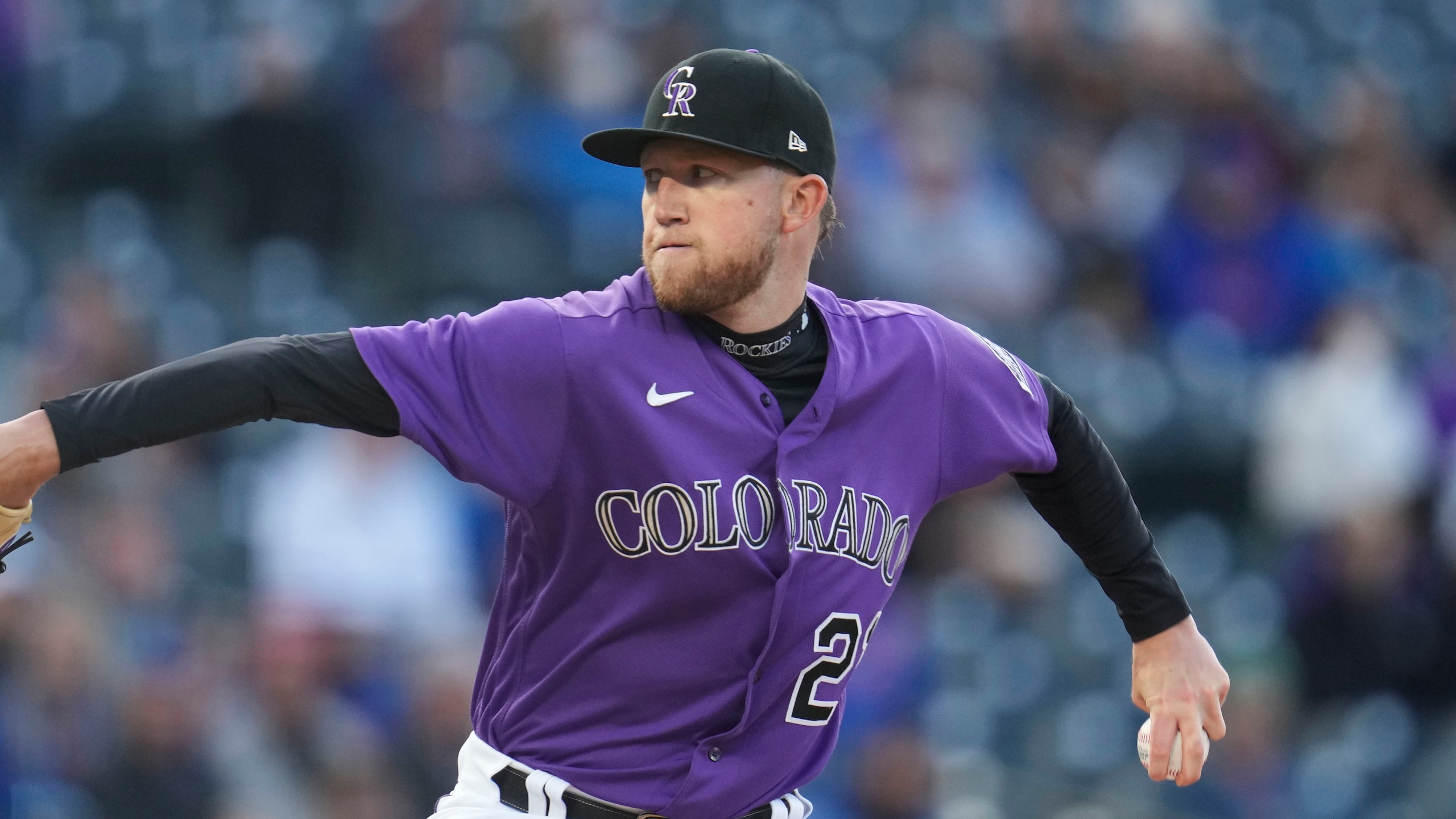 Colorado Rockies starting pitcher Kyle Freeland (21) in the first inning of a baseball game Thursday, April 14, 2022, in Denver. (AP Photo/David Zalubowski)