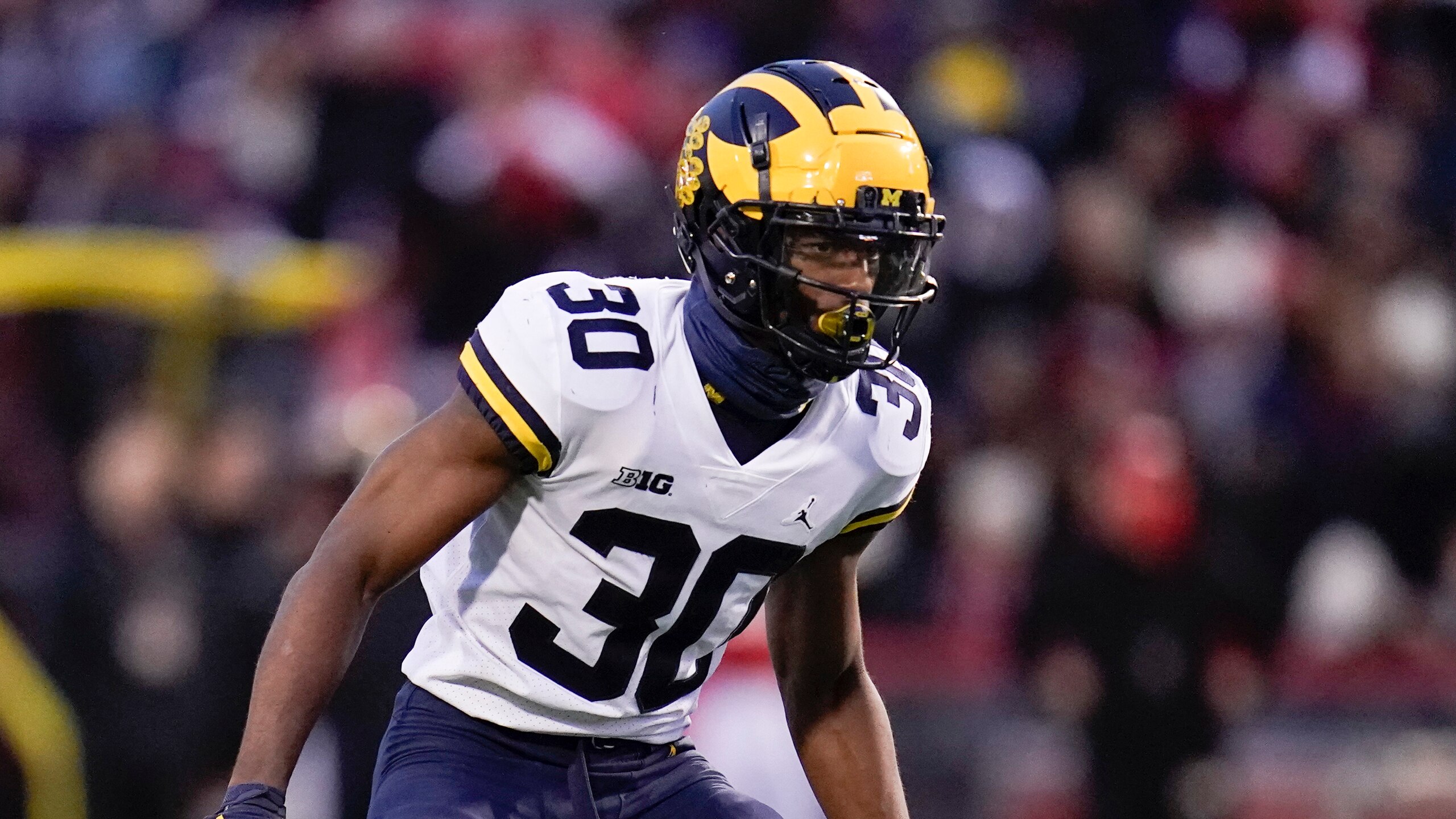 Michigan defensive back Daxton Hill drops back while defending against Maryland during the first half of an NCAA college football game, Saturday, Nov. 20, 2021, in College Park, Md. (AP Photo/Julio Cortez)