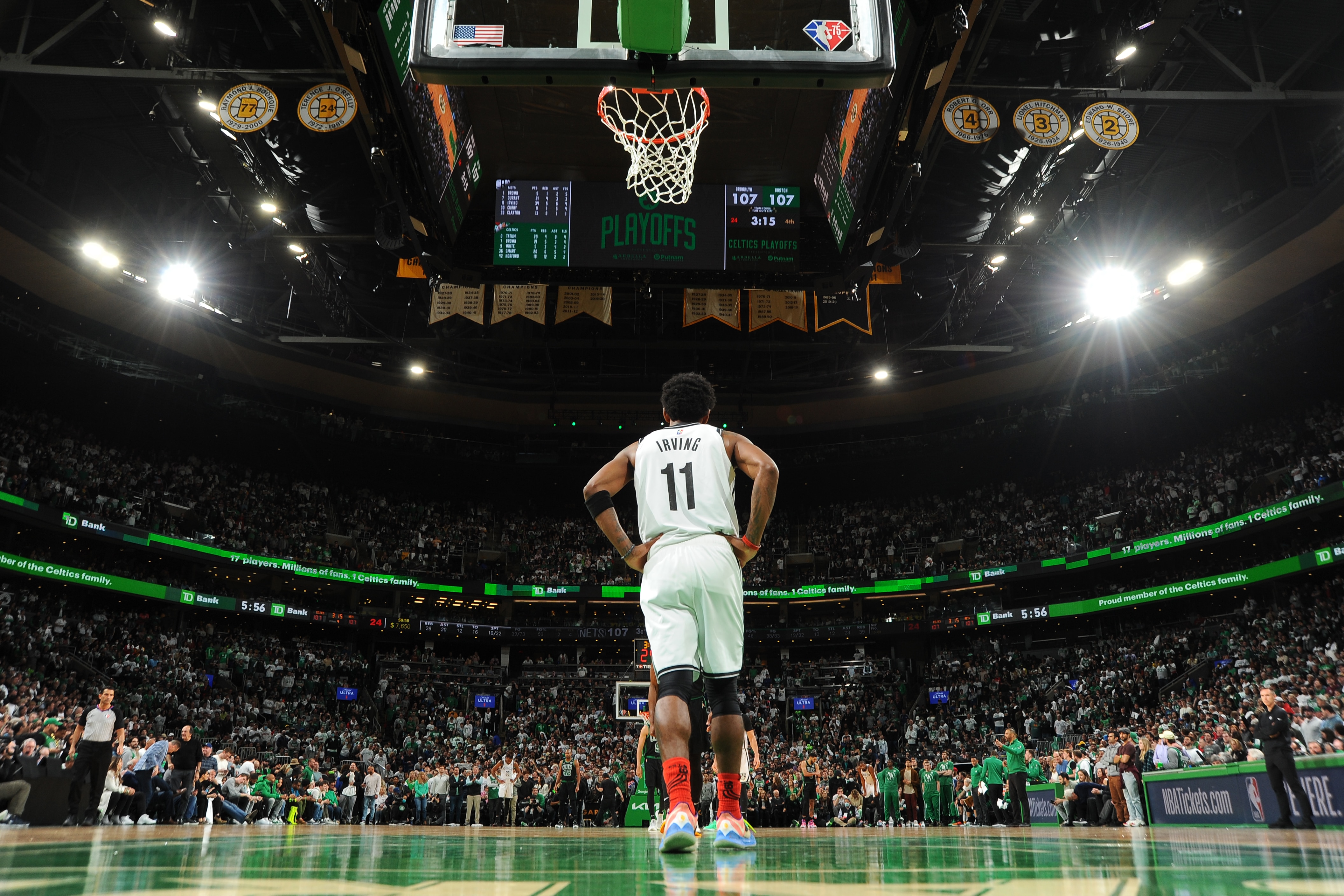 BOSTON, MA - APRIL 17: Kyrie Irving #11 of the Brooklyn Nets looks on during Round 1 Game 1 of the 2022 NBA Playoffs on April 17, 2022 at the TD Garden in Boston, Massachusetts.  NOTE TO USER: User expressly acknowledges and agrees that, by downloading and or using this photograph, User is consenting to the terms and conditions of the Getty Images License Agreement. Mandatory Copyright Notice: Copyright 2022 NBAE  (Photo by Brian Babineau/NBAE via Getty Images)