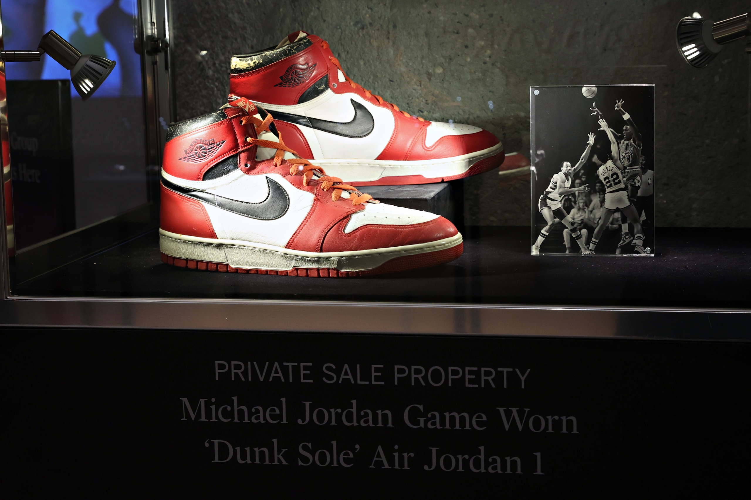 NEW YORK, NEW YORK - JUNE 04:  Michael Jordan game worn 'Dunk Sole' Air Jordan 1 sneakers are on display during a press preview of the upcoming Luxury Week at Sotheby's on June 04, 2021 in New York City. 2 (Photo by Cindy Ord/Getty Images)