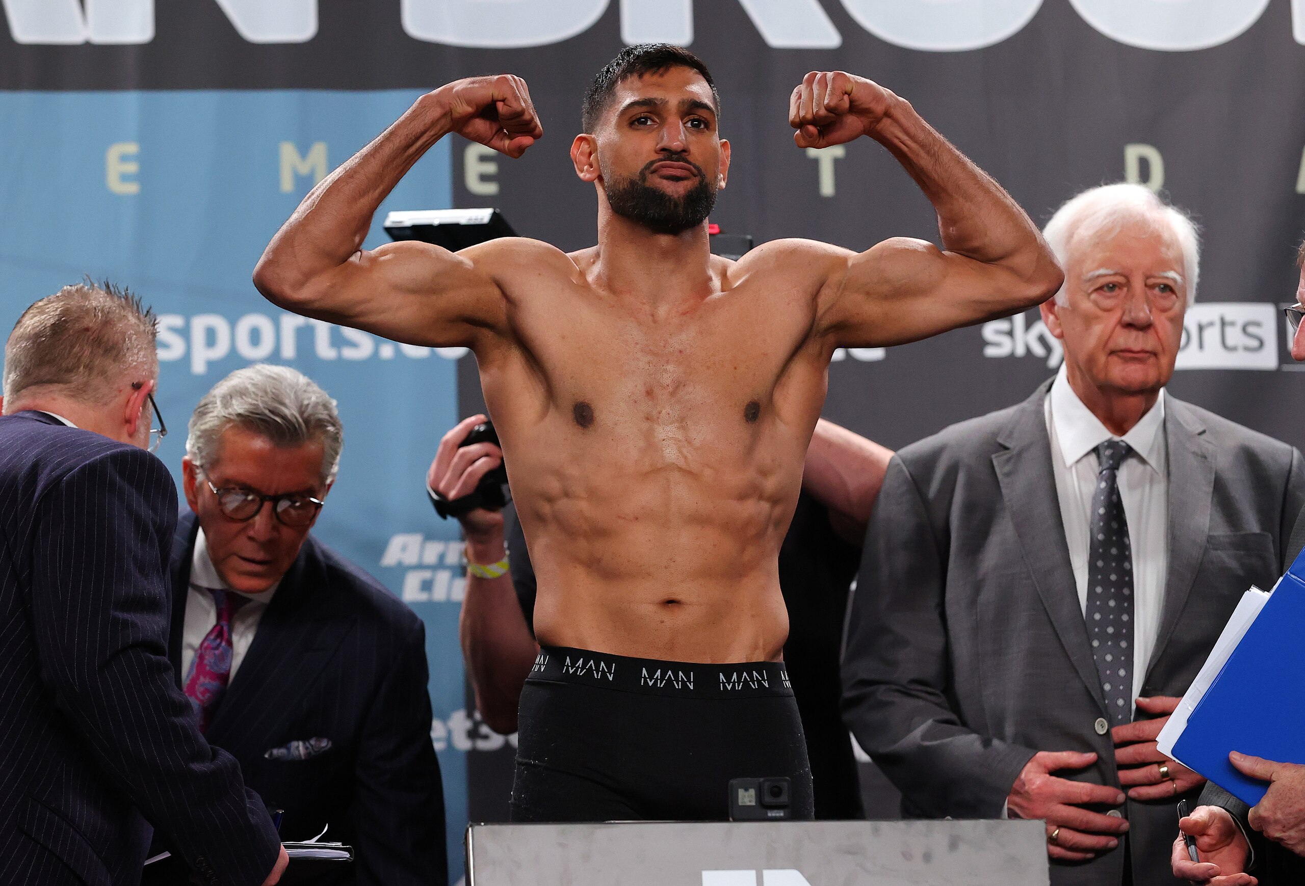 MANCHESTER, ENGLAND - FEBRUARY 18: Amir Khan stands on the scales during the official weigh-in at Manchester Central Convention Complex ahead of his fight against Kell Brook on February 18, 2022 in Manchester, England. (Photo by Alex Livesey/Getty Images) MANCHESTER, ENGLAND - FEBRUARY 18: Amir Khan stands on the scales during the official weigh-in at Manchester Central Convention Complex ahead of his fight against Kell Brook on February 18, 2022 in Manchester, England. (Photo by Alex Livesey/Getty Images)