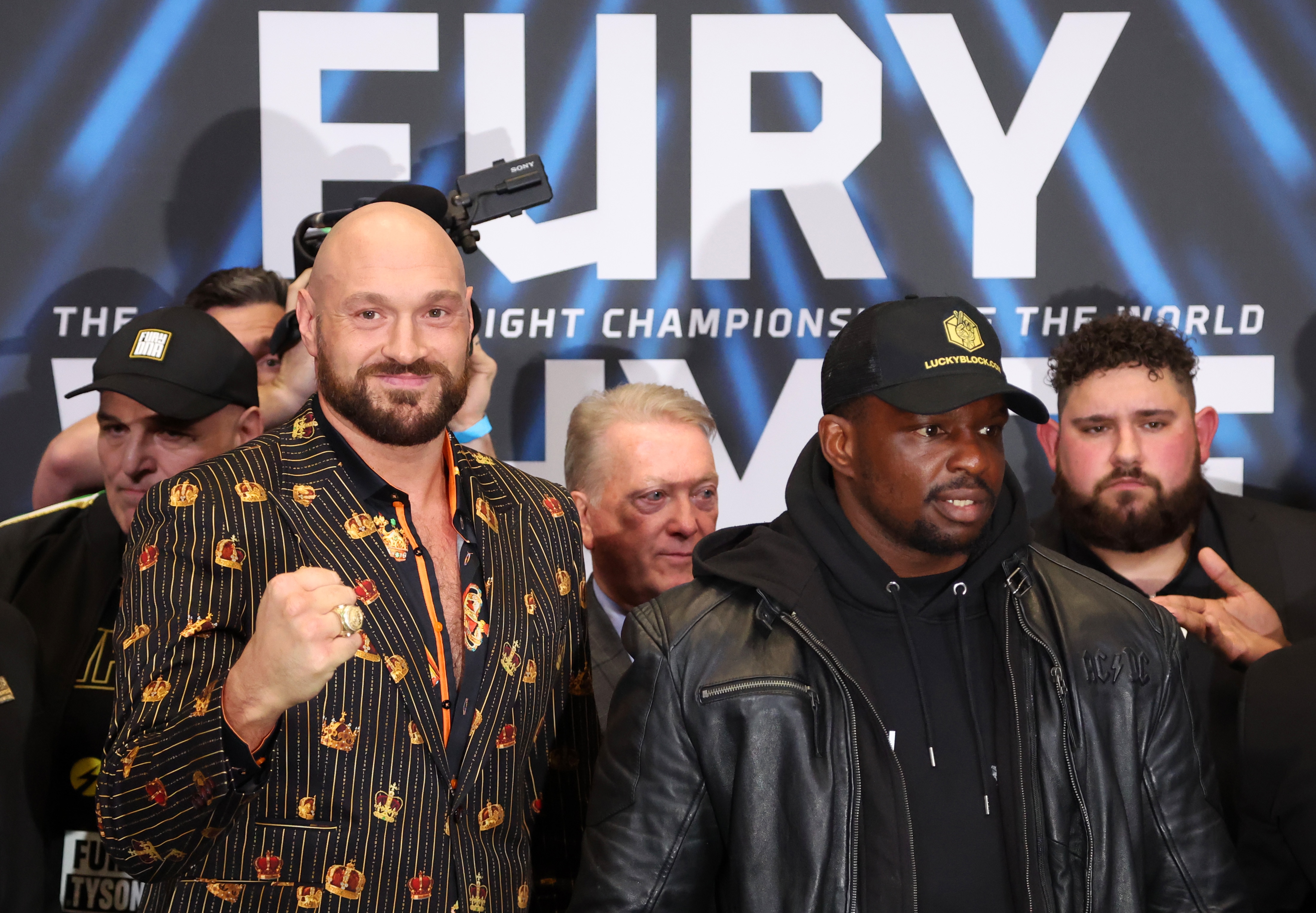 LONDON, ENGLAND - APRIL 20: Tyson Fury and Dillian Whyte pose for a photo during a press conference ahead of the heavyweight boxing match between Tyson Fury and Dillian Whyte at Wembley Stadium on April 20, 2022 in London, England. (Photo by Warren Little/Getty Images)