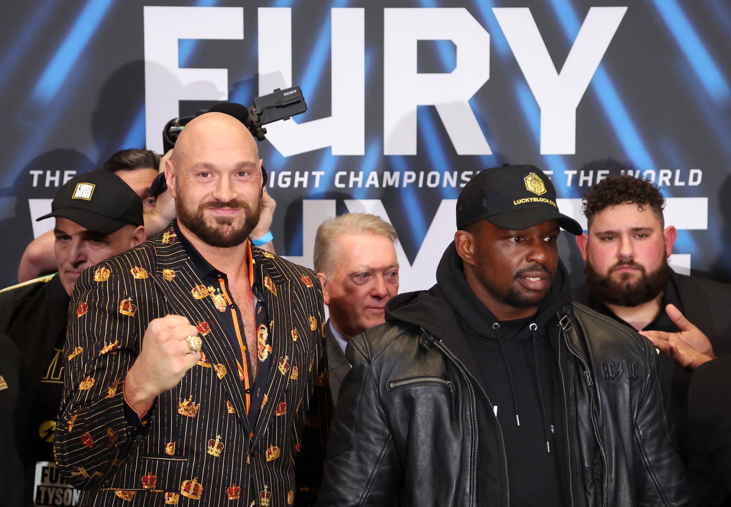 LONDON, ENGLAND - APRIL 20: Tyson Fury and Dillian Whyte pose for a photo during a press conference ahead of the heavyweight boxing match between Tyson Fury and Dillian Whyte at Wembley Stadium on April 20, 2022 in London, England. (Photo by Warren Little/Getty Images)