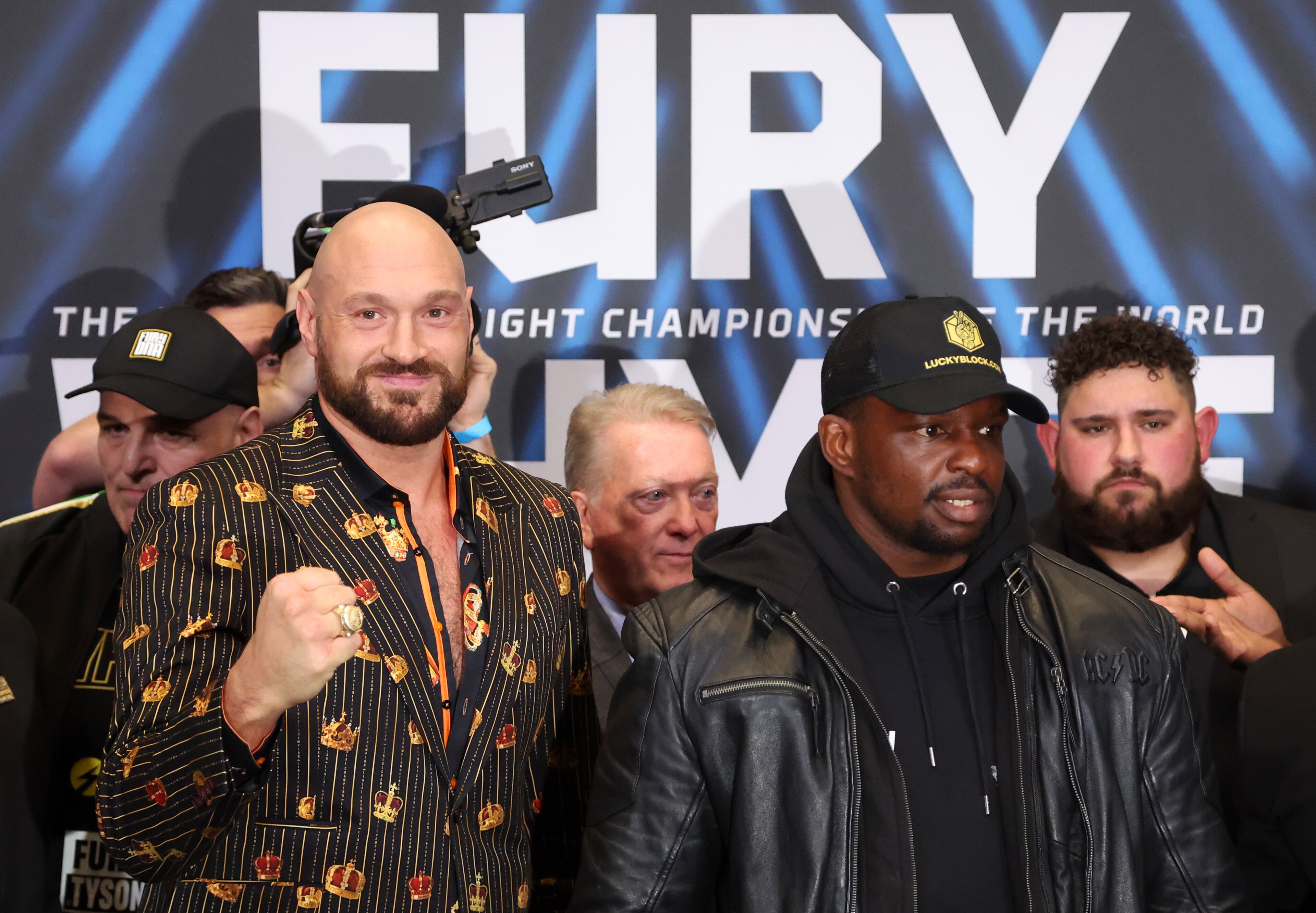 LONDON, ENGLAND - APRIL 20: Tyson Fury and Dillian Whyte pose for a photo during a press conference ahead of the heavyweight boxing match between Tyson Fury and Dillian Whyte at Wembley Stadium on April 20, 2022 in London, England. (Photo by Warren Little/Getty Images)