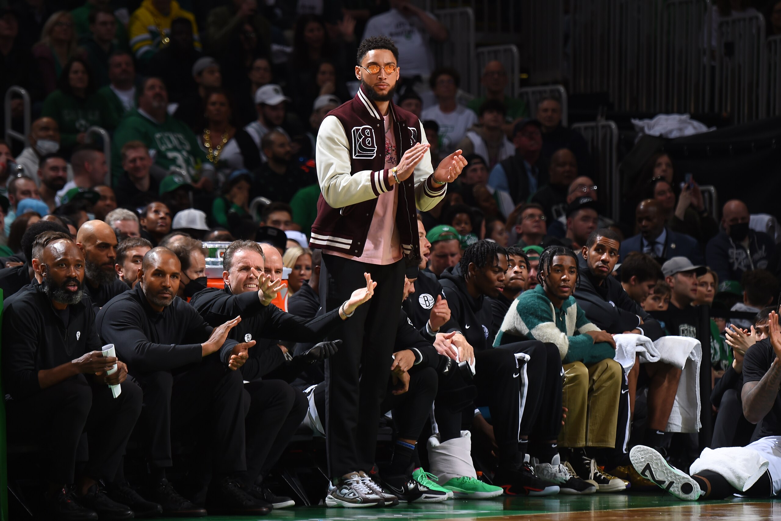 BOSTON, MA - APRIL 17: Ben Simmons #10 of the Brooklyn Nets cheers during Round 1 Game 1 of the 2022 NBA Playoffs on April 17, 2022 at the TD Garden in Boston, Massachusetts.  NOTE TO USER: User expressly acknowledges and agrees that, by downloading and or using this photograph, User is consenting to the terms and conditions of the Getty Images License Agreement. Mandatory Copyright Notice: Copyright 2022 NBAE  (Photo by Brian Babineau/NBAE via Getty Images)