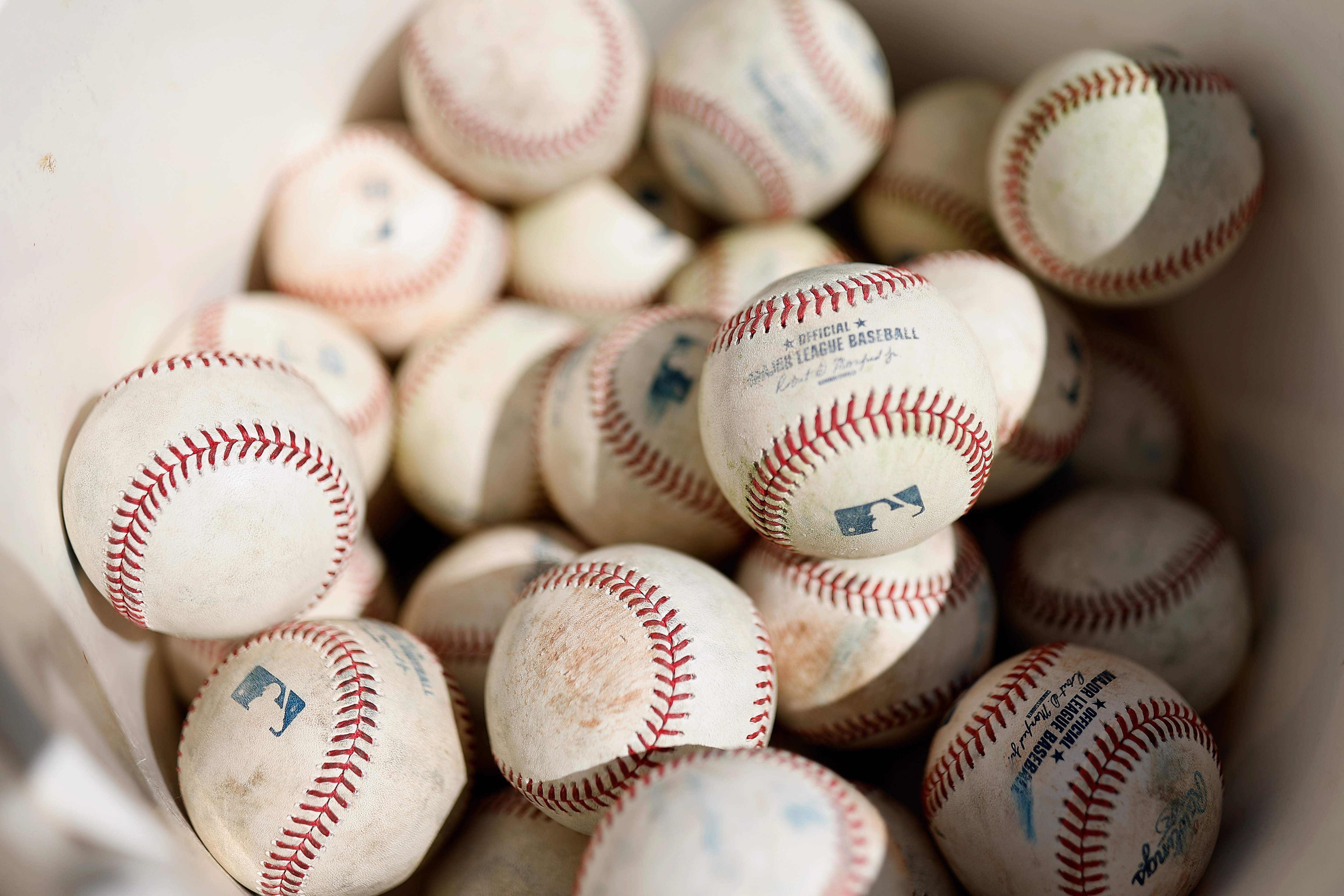 PHOENIX, ARIZONA - APRIL 13: Detail of baseballs before the MLB game between the Arizona Coyotes and the Houston Astros at Chase Field on April 13, 2022 in Phoenix, Arizona. (Photo by Christian Petersen/Getty Images)