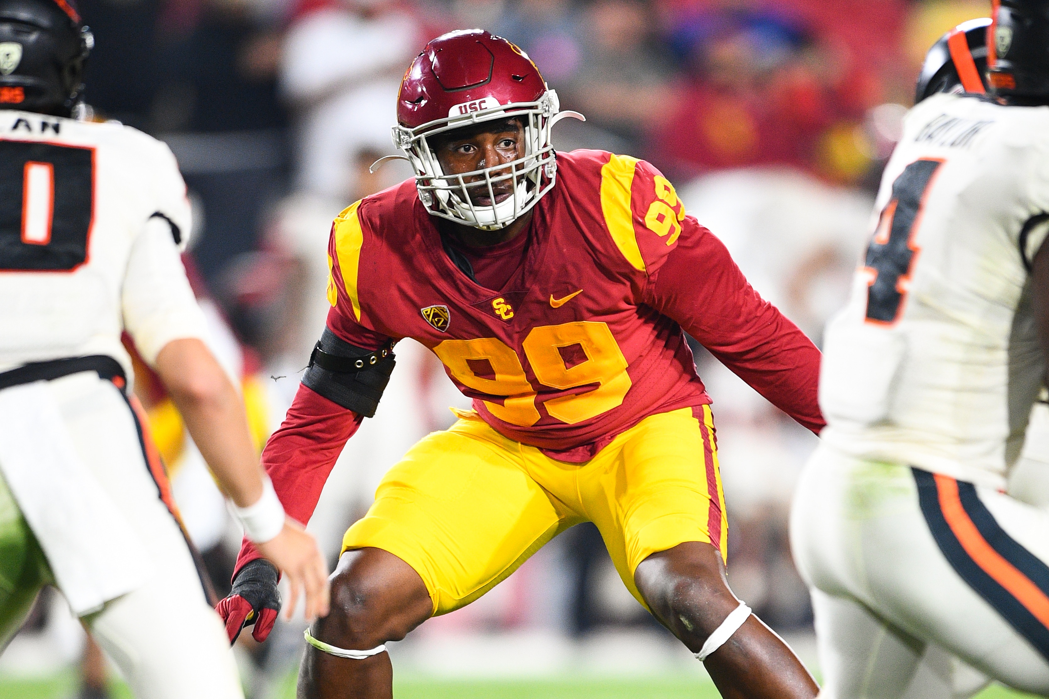 LOS ANGELES, CA - SEPTEMBER 25: USC Trojans linebacker Drake Jackson (99) looks on during a college football game between the Oregon State Beavers and the USC Trojans on September 25, 2021, at Los Angeles Memorial Coliseum in Los Angeles, CA. (Photo by Brian Rothmuller/Icon Sportswire via Getty Images)