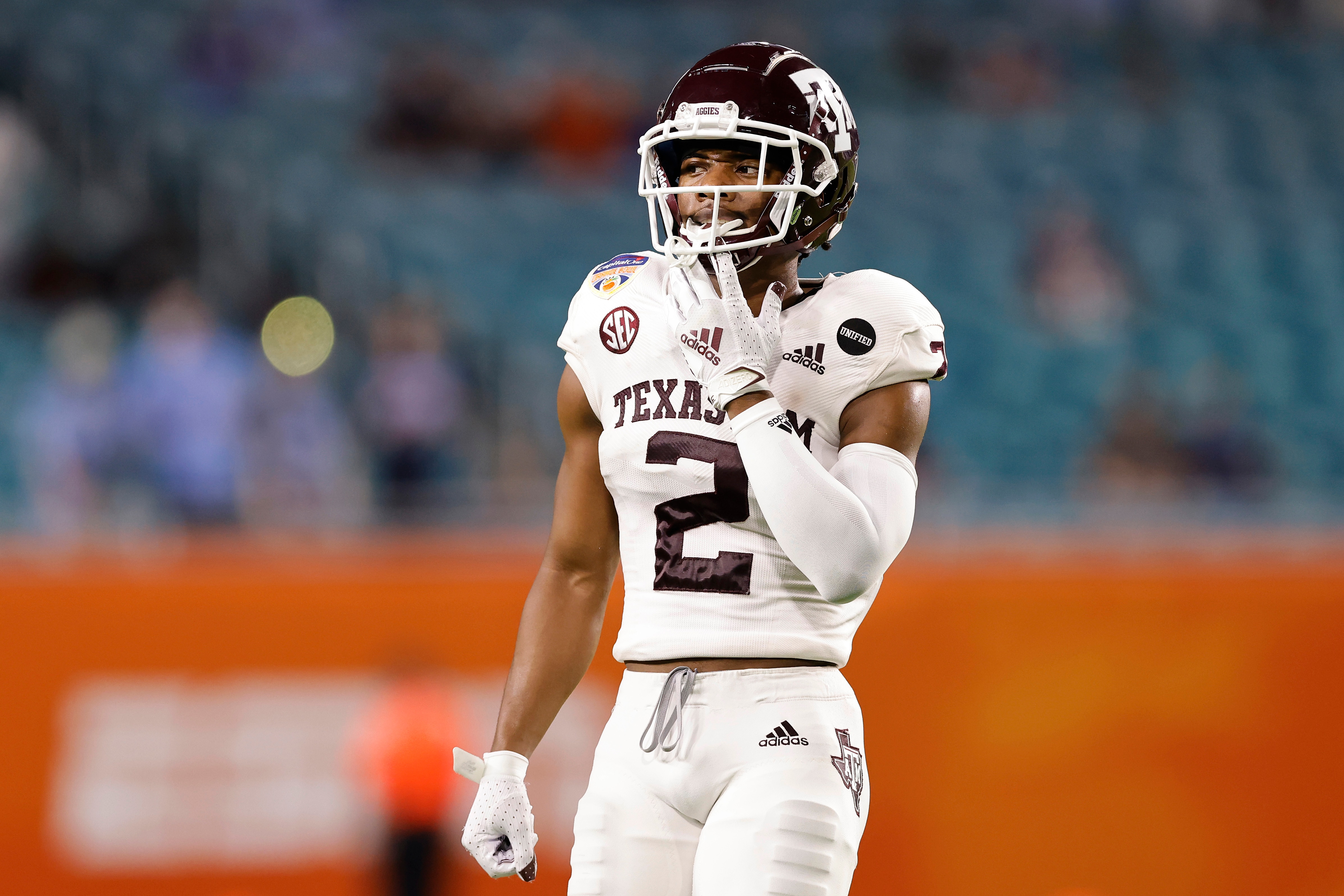 MIAMI GARDENS, FLORIDA - JANUARY 02: Micheal Clemons #2 of the Texas A&M Aggies looks on against the North Carolina Tar Heels during the second half of the Capital One Orange Bowl at Hard Rock Stadium on January 02, 2021 in Miami Gardens, Florida. (Photo by Michael Reaves/Getty Images)