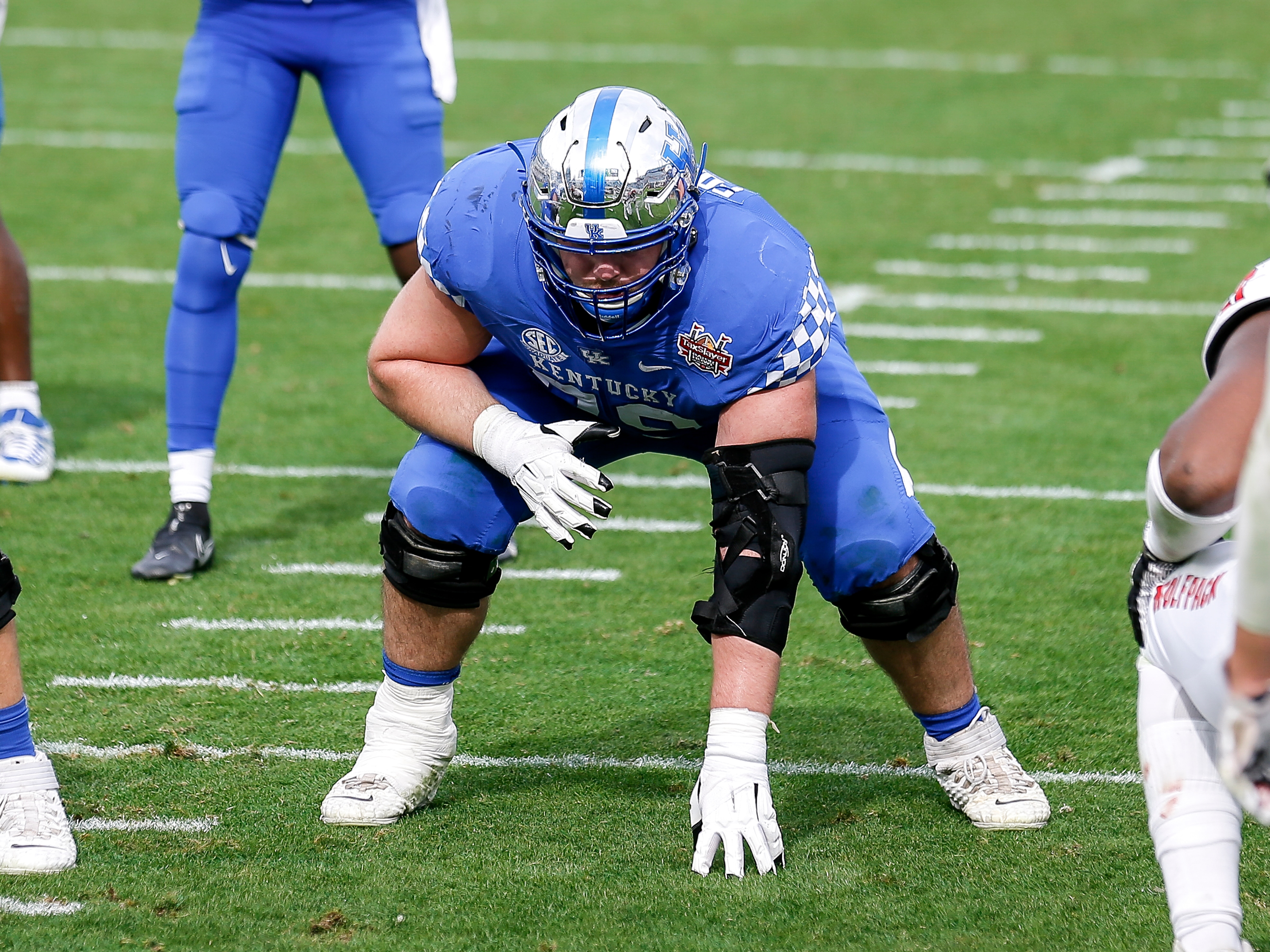 JACKSONVILLE, FL - JANUARY 2: Offensive Lineman Luke Fortner #79 of the University of Kentucky Wildcats during the game against the North Carolina State Wolfpack at the 76th annual TaxSlayer Gator Bowl at TIAA Bank Field on January 2, 2021 in Jacksonvile, Florida. The Wildcats defeated the Wolfpack 23 to 21. (Photo by Don Juan Moore/Getty Images)